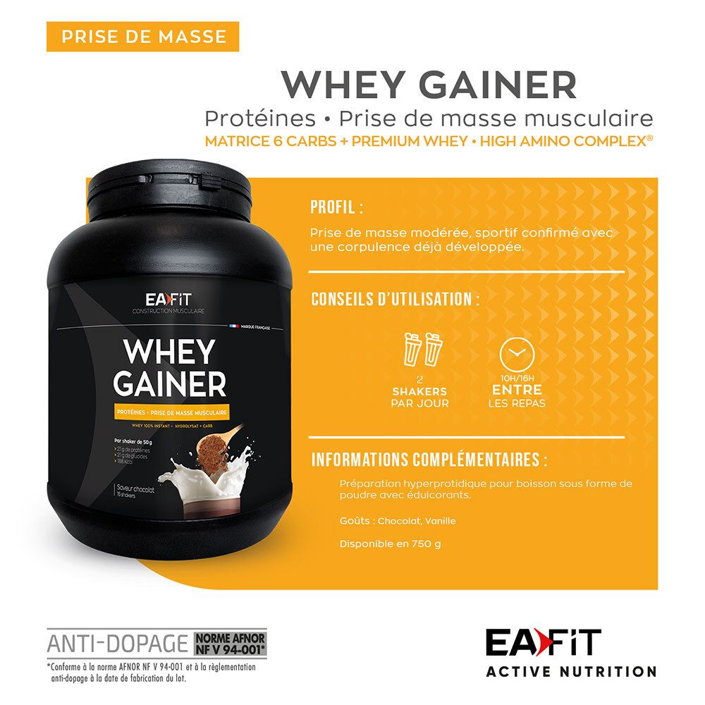 Pot EA Fit Whey Gainer avec fond jaune. Contient informations d'utilisation et profil.