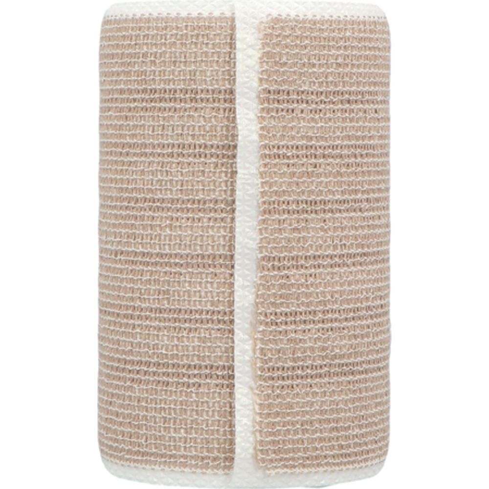 Bandage élastique beige enroulé, bord blanc. Texture tissée.