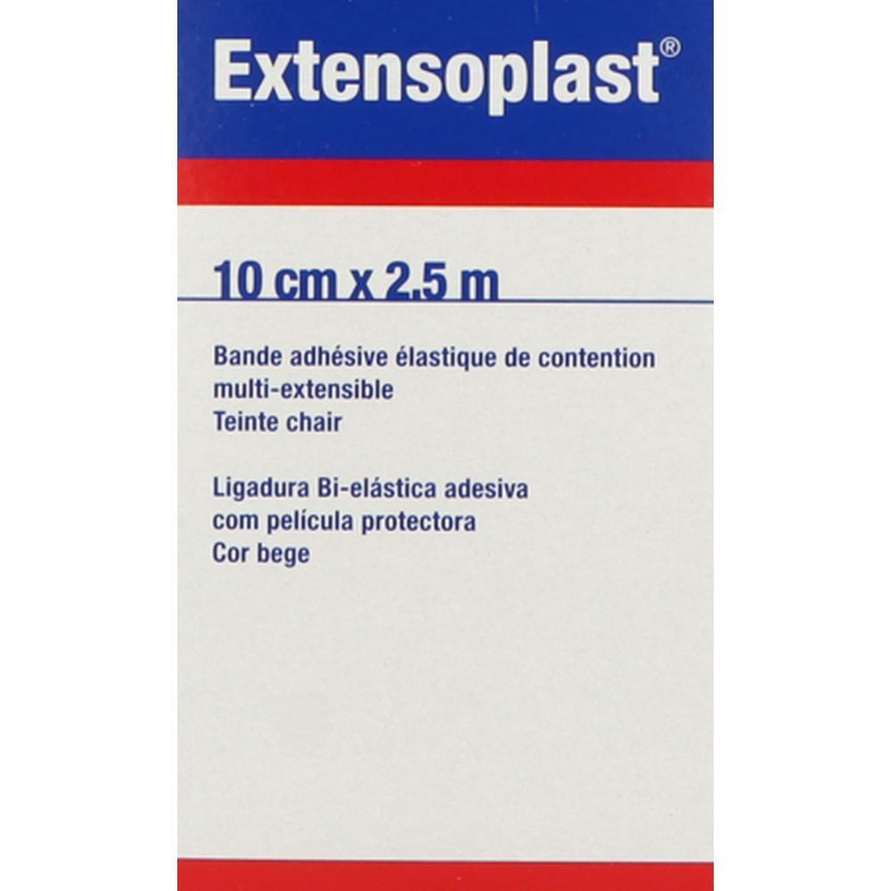 Emballage Extensoplast, 10 cm x 2,5 m. Informations multilingues, teinte beige.