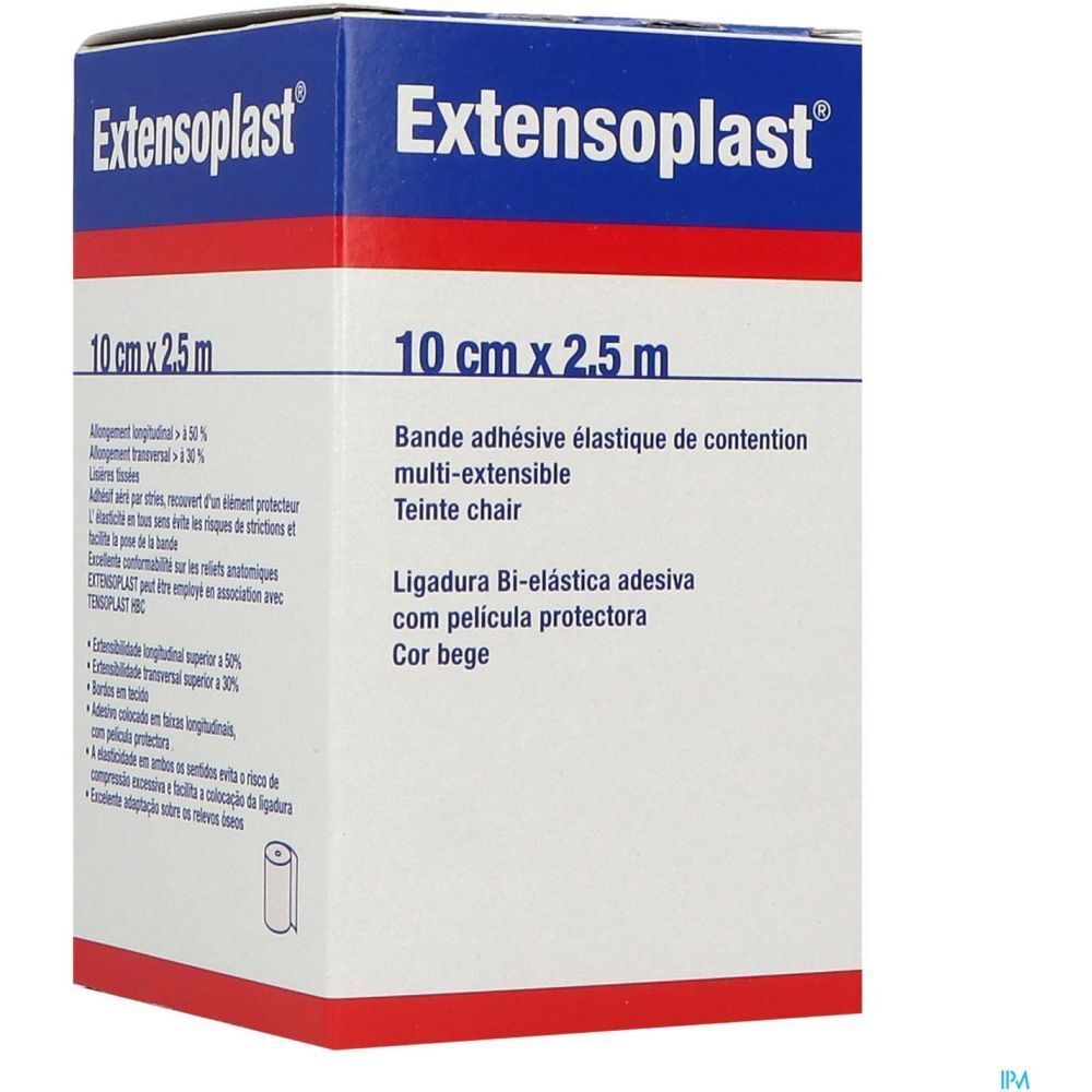 Emballage Extensoplast, 10 cm x 2,5 m. Informations multilingues, teinte beige. Informations supplémentaires.