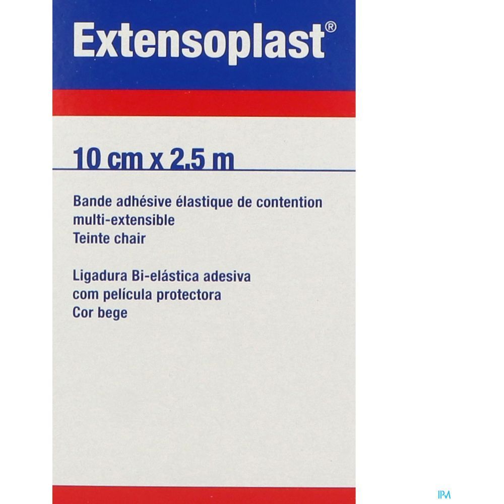 Emballage Extensoplast, 10 cm x 2,5 m. Informations multilingues, teinte beige.