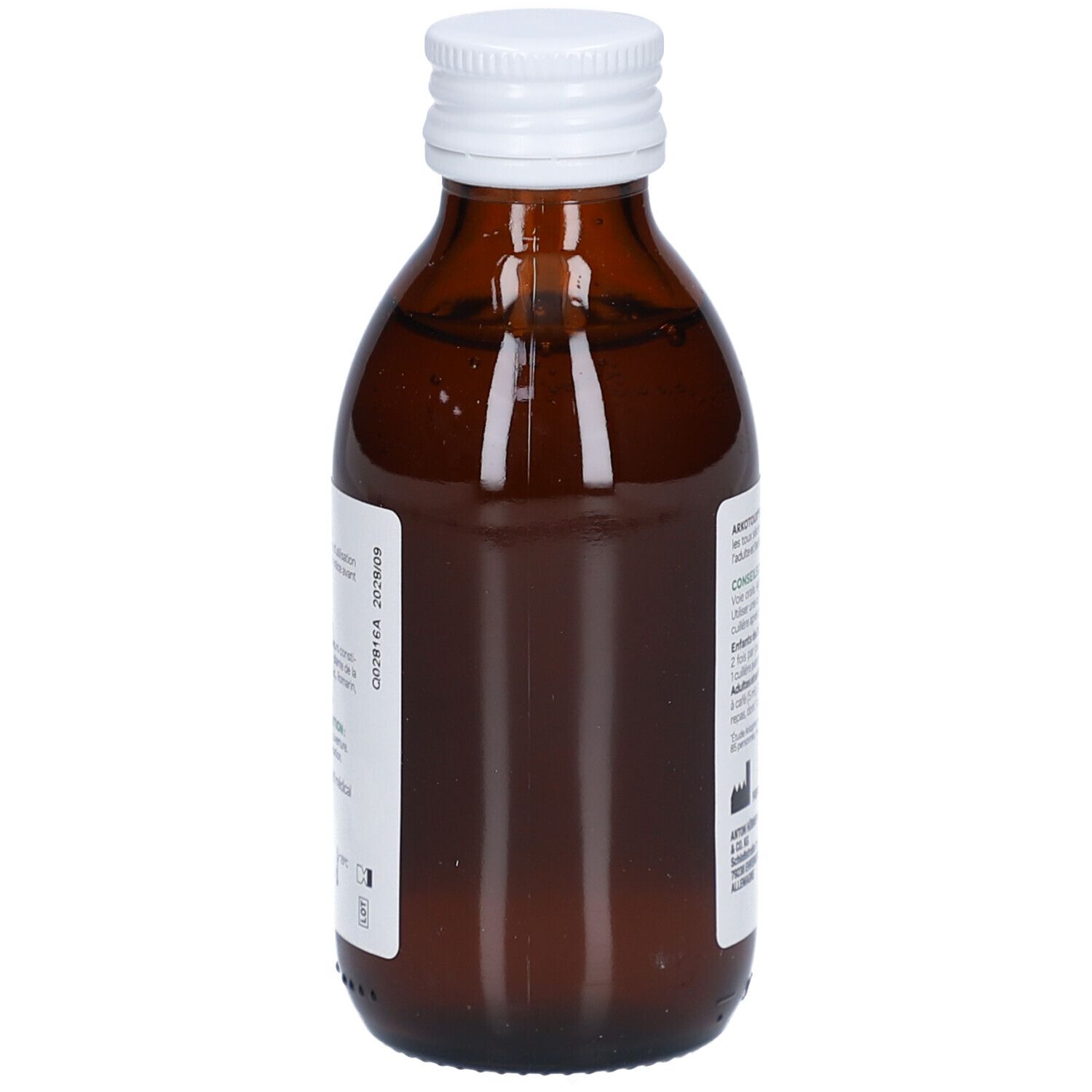 Flacon en verre brun Arkopharma ARKOTOUX® Sirop. Bouchon blanc. Inscriptions : ARKOTOUX® Sirop, Soulae la toux. Dos avec informations.