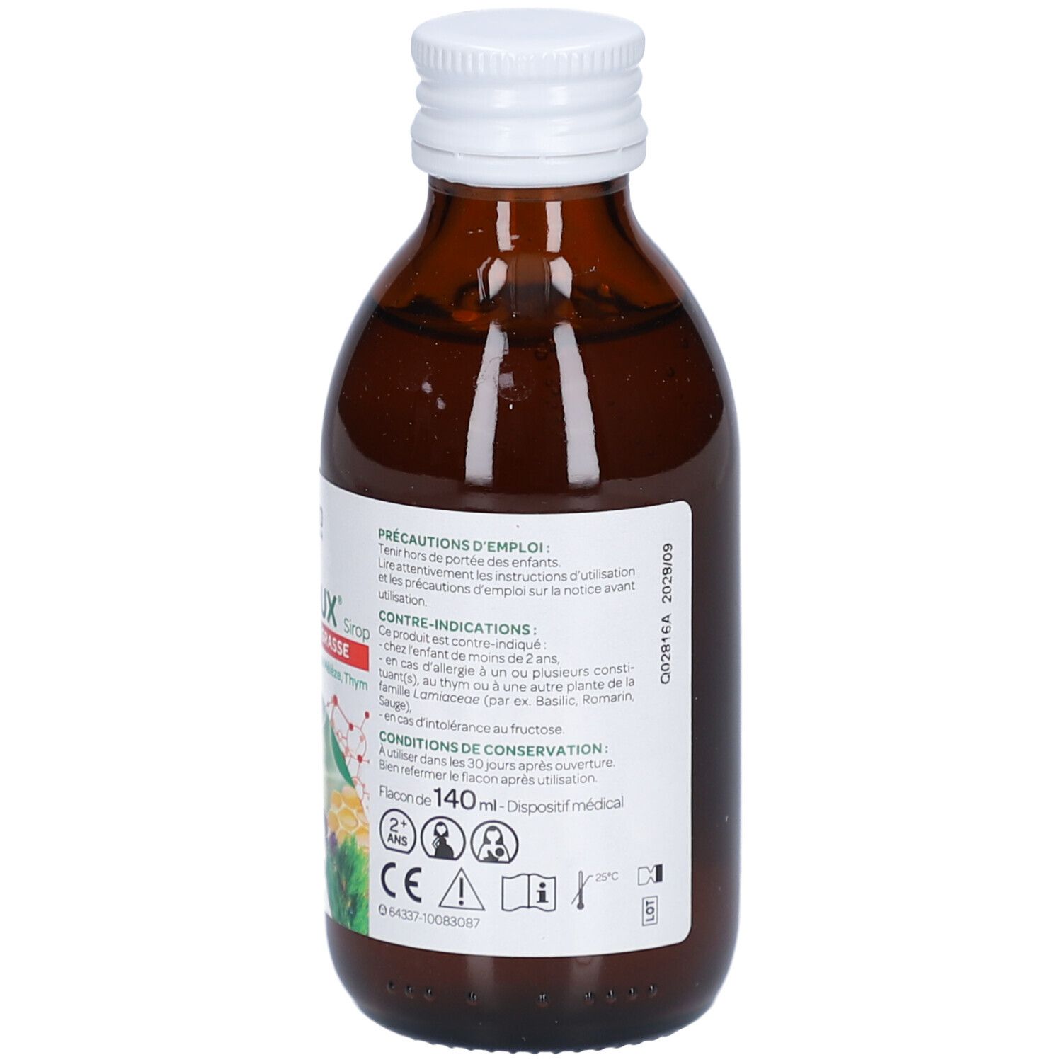 Flacon en verre brun Arkopharma ARKOTOUX® Sirop. Bouchon blanc. Dos avec informations. Marquage CE.