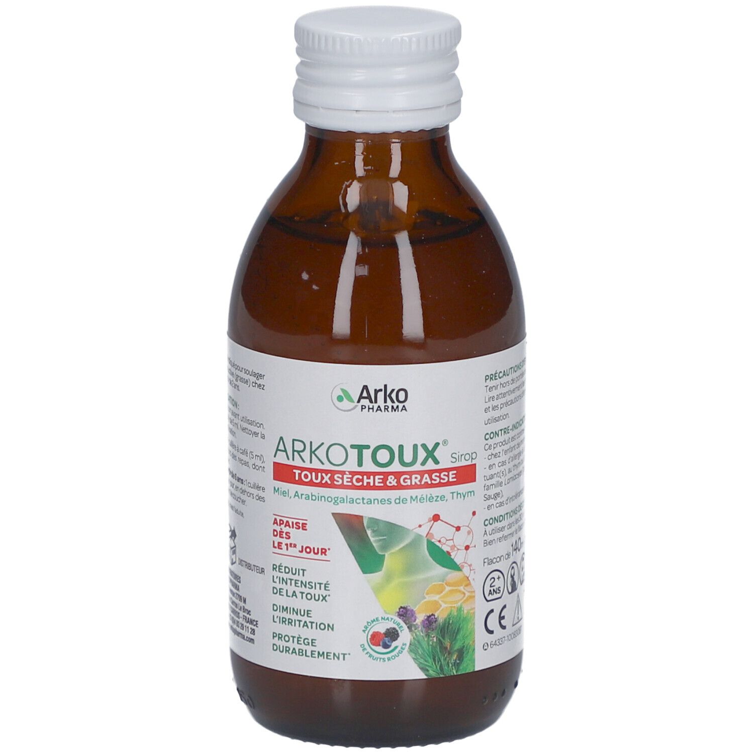 Flacon en verre brun Arkopharma ARKOTOUX® Sirop. Bouchon blanc. Inscriptions : ARKOTOUX® Sirop, Soulae la toux. Conseils d'utilisation.