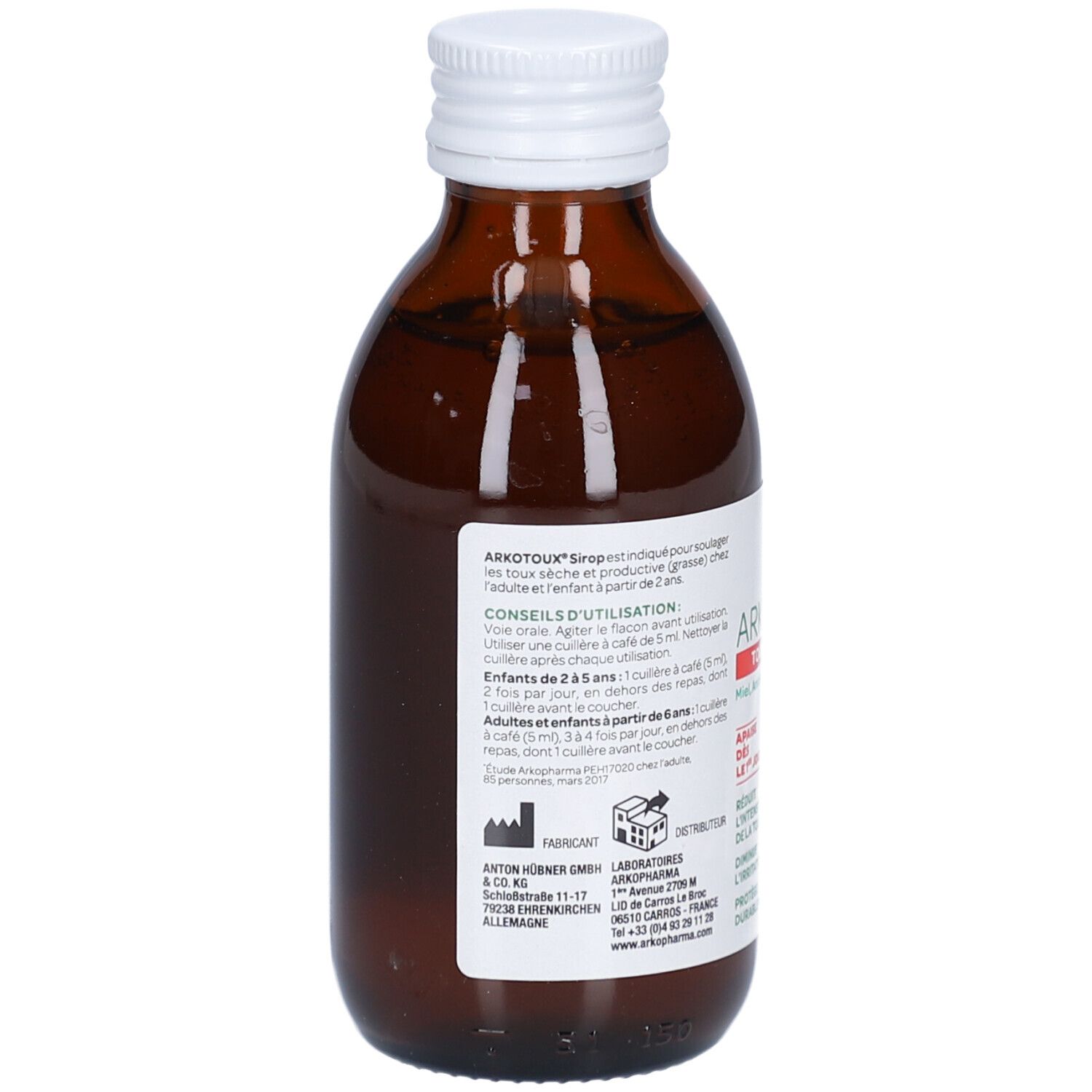 Flacon en verre brun Arkopharma ARKOTOUX® Sirop. Bouchon blanc. Inscriptions : ARKOTOUX® Sirop, Soulae la toux. 182g. Ingrédients 100% naturels.