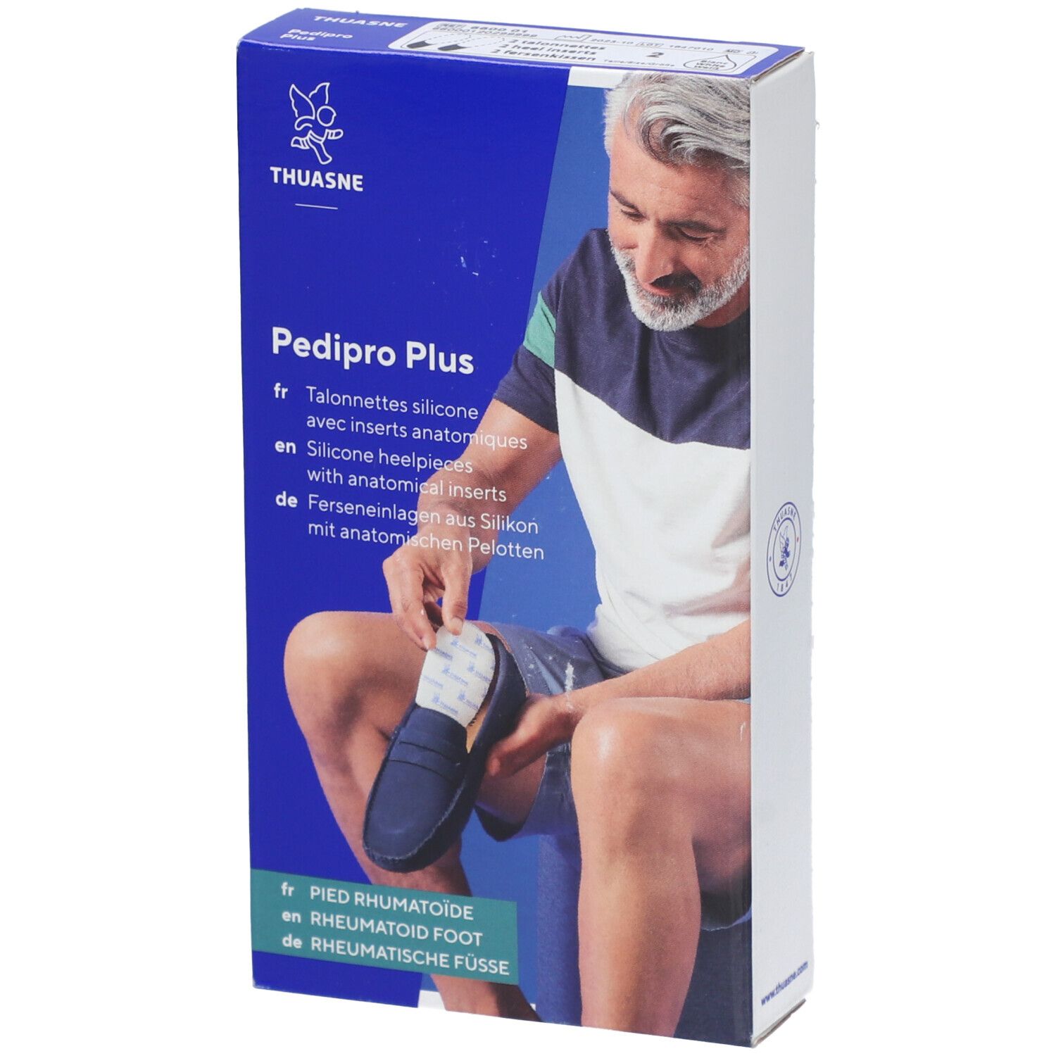 Boîte Pedi Pro Plus. Talonnettes silicone avec inserts anatomiques. Homme montre l'utilisation.