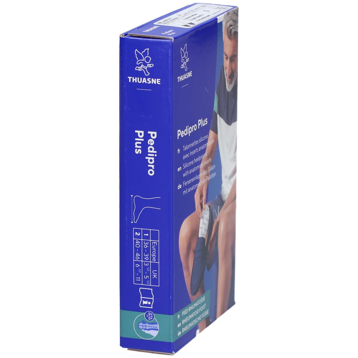Boîte Pedi Pro Plus. Talonnettes. Tailles: Europe 35-39, 40-46. Vue latérale.