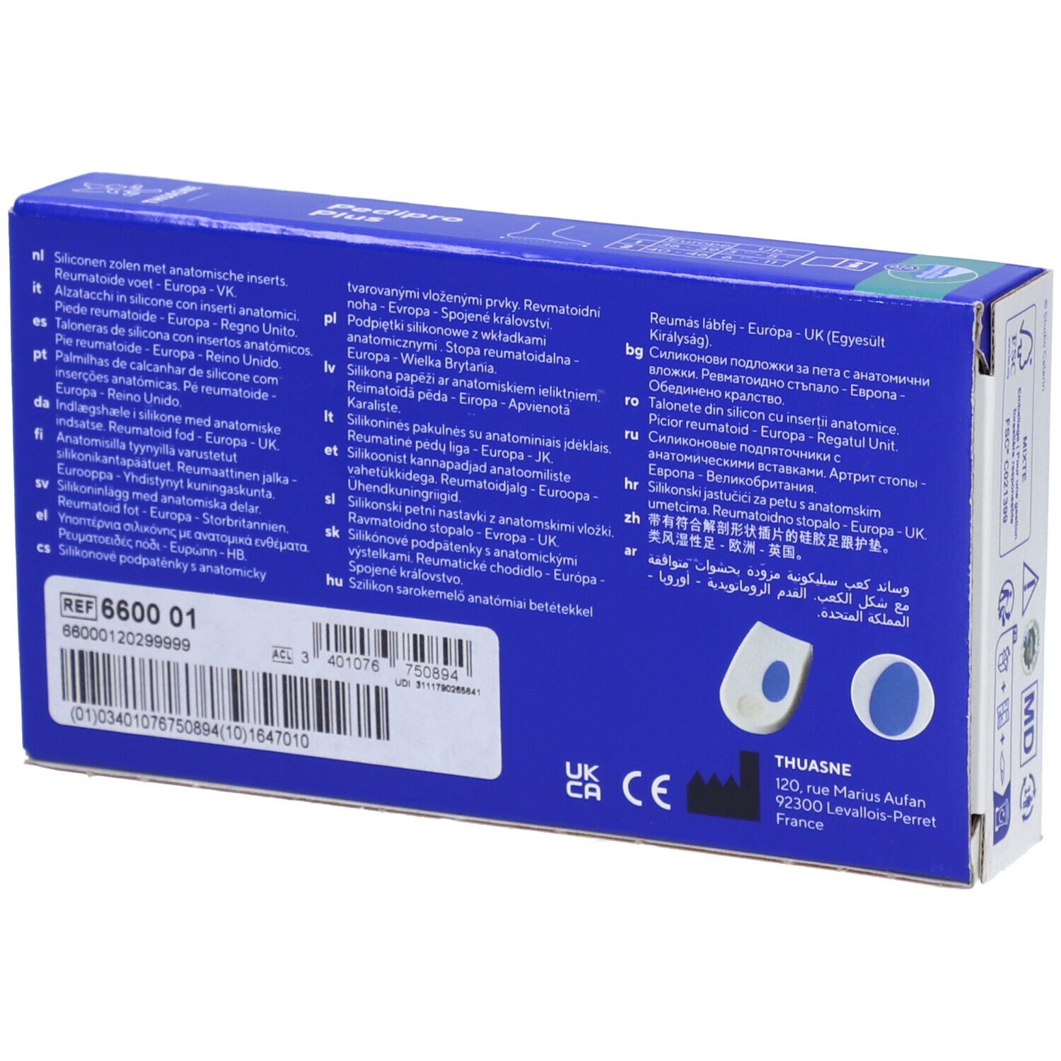 Dos de la boîte Pedi Pro Plus. Informations multilingues. Contient deux talonnettes.