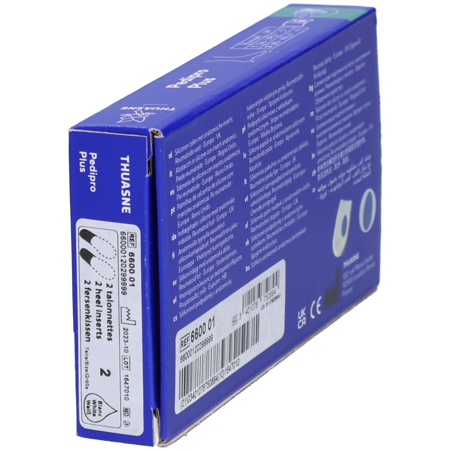 Dos de la boîte Pedi Pro Plus. Contient deux talonnettes. Date de péremption 2025-10.