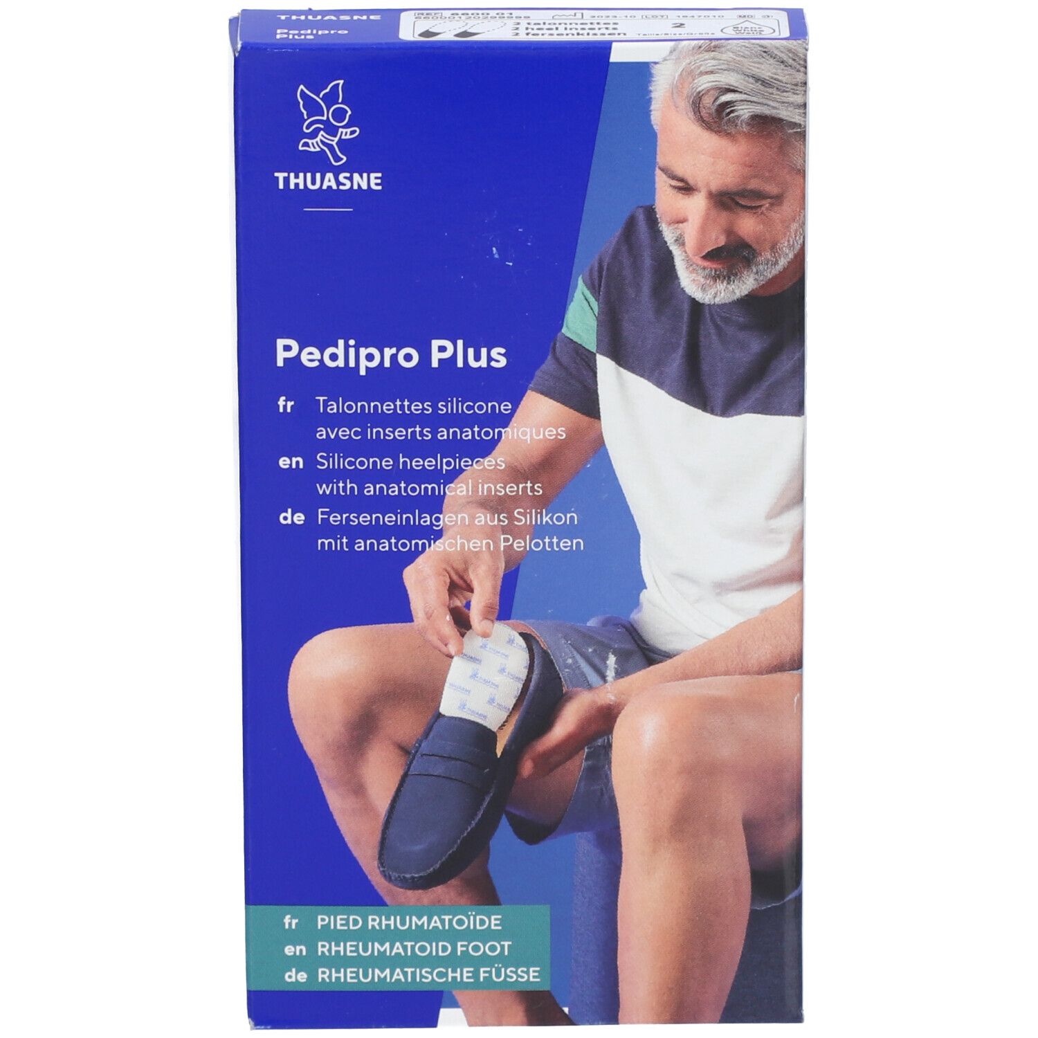 Boîte Pedi Pro Plus. Talonnettes silicone avec inserts anatomiques. Homme montre l'utilisation.