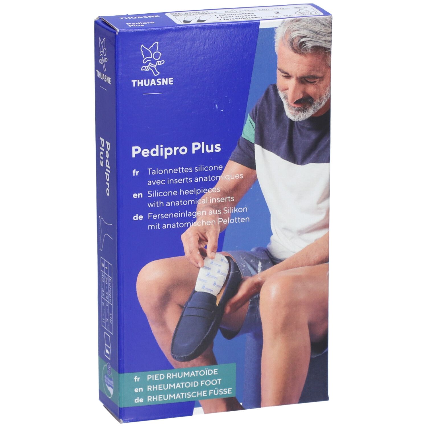 Boîte Pedi Pro Plus. Talonnettes silicone avec inserts anatomiques. Homme montre l'utilisation.