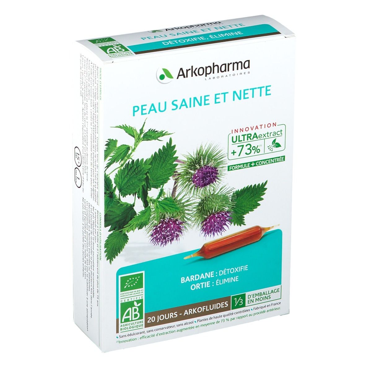 Emballage du produit avec illustration de plantes et ampoule. Texte: Peau Saine et Nette, Arkopharma, label AB Bio, 20 jours.