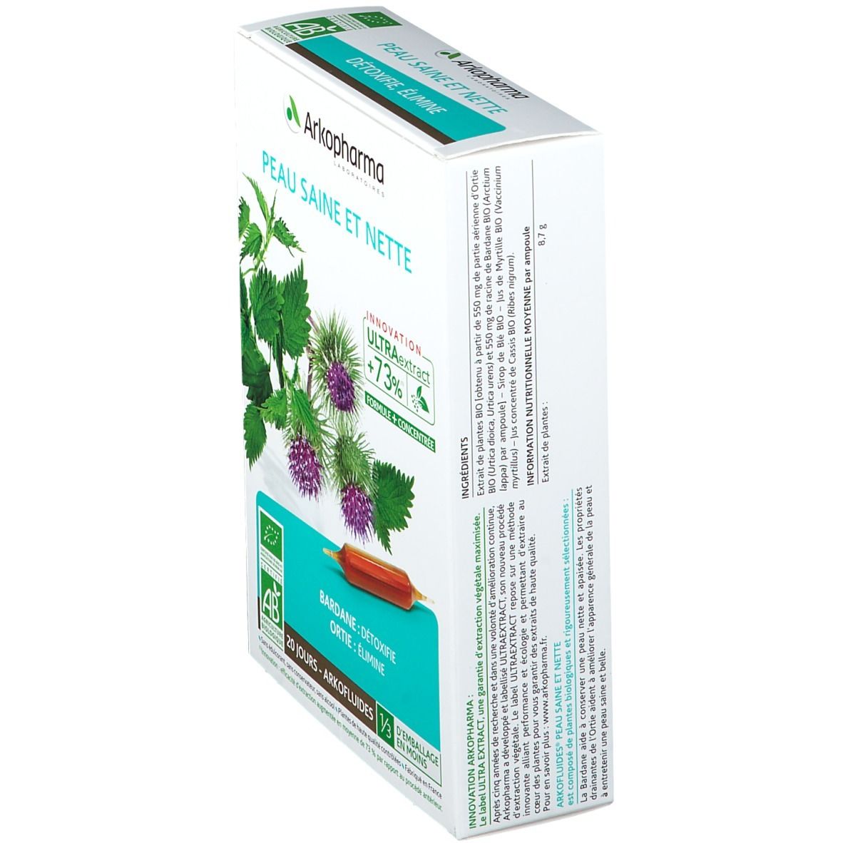 Emballage du produit, vue latérale. Texte: Peau Saine et Nette, Arkopharma, liste des ingrédients, label AB Bio, 20 jours.