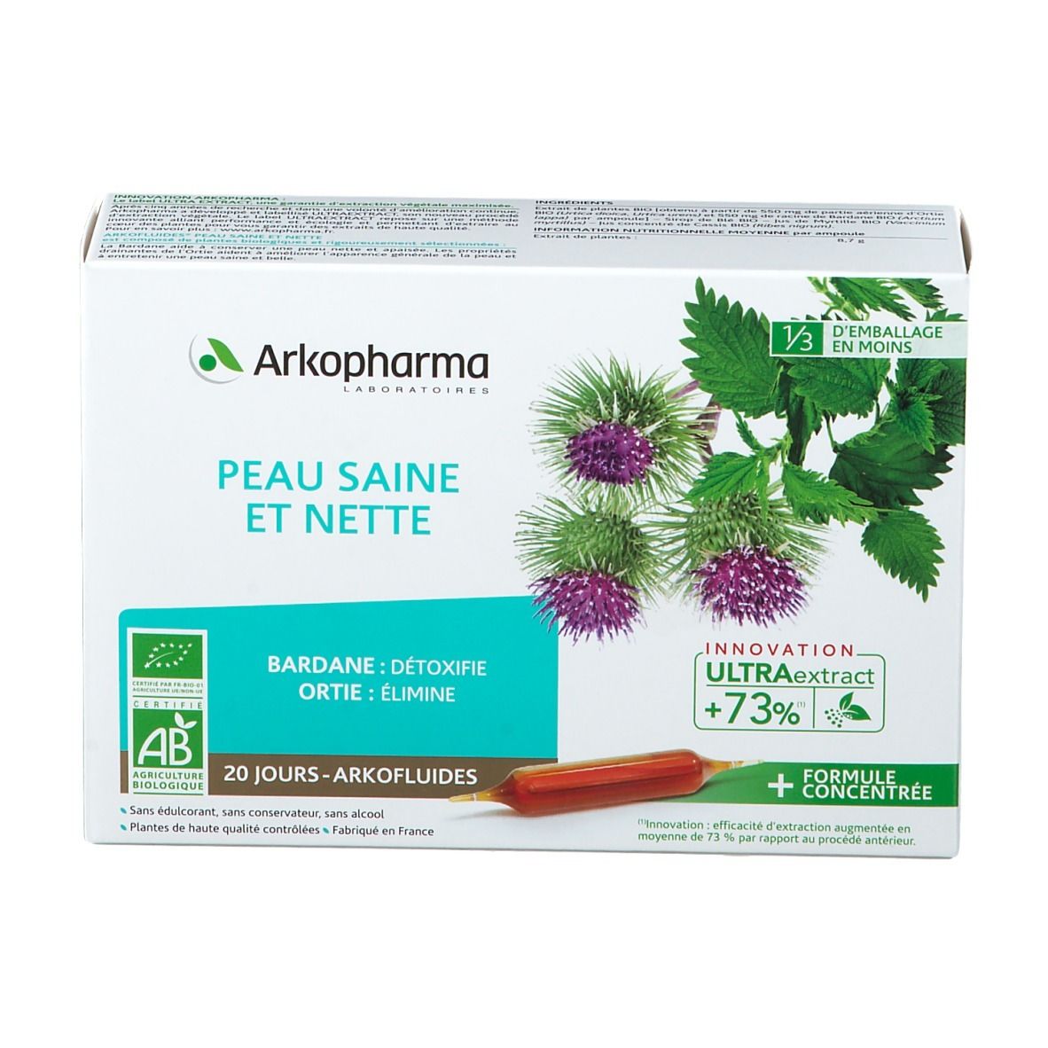 Emballage du produit avec ampoule et illustration de plantes. Texte: Peau Saine et Nette, Arkopharma, label AB Bio, 20 jours.