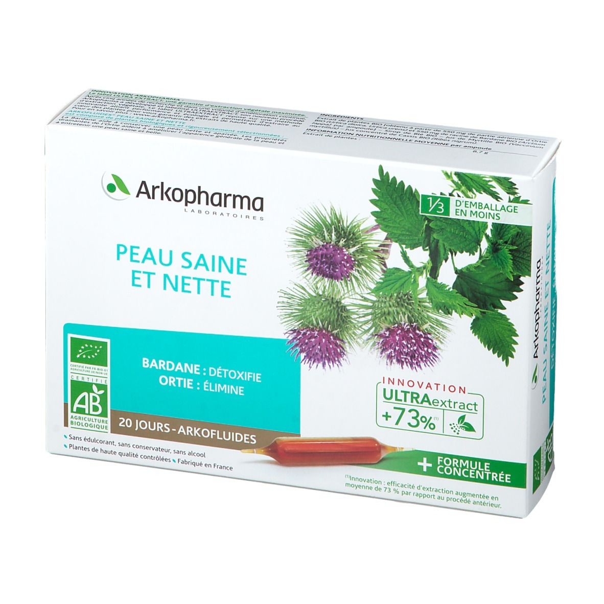 Emballage du produit avec illustration de plantes et ampoule. Texte: Peau Saine et Nette, Arkopharma, label AB Bio, 20 jours.