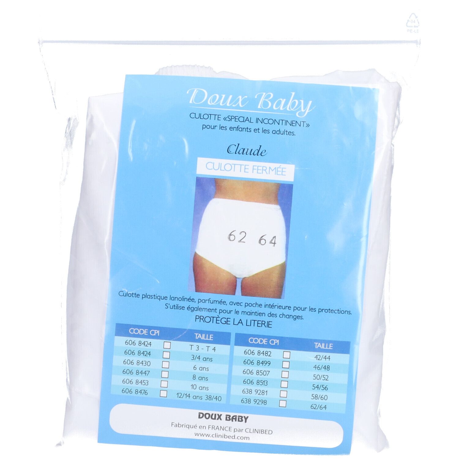 CLAUDE DOUX BABY - Culotte fermée, pour enfant, adolescent ou adulte. taille 62 - 64 - uni