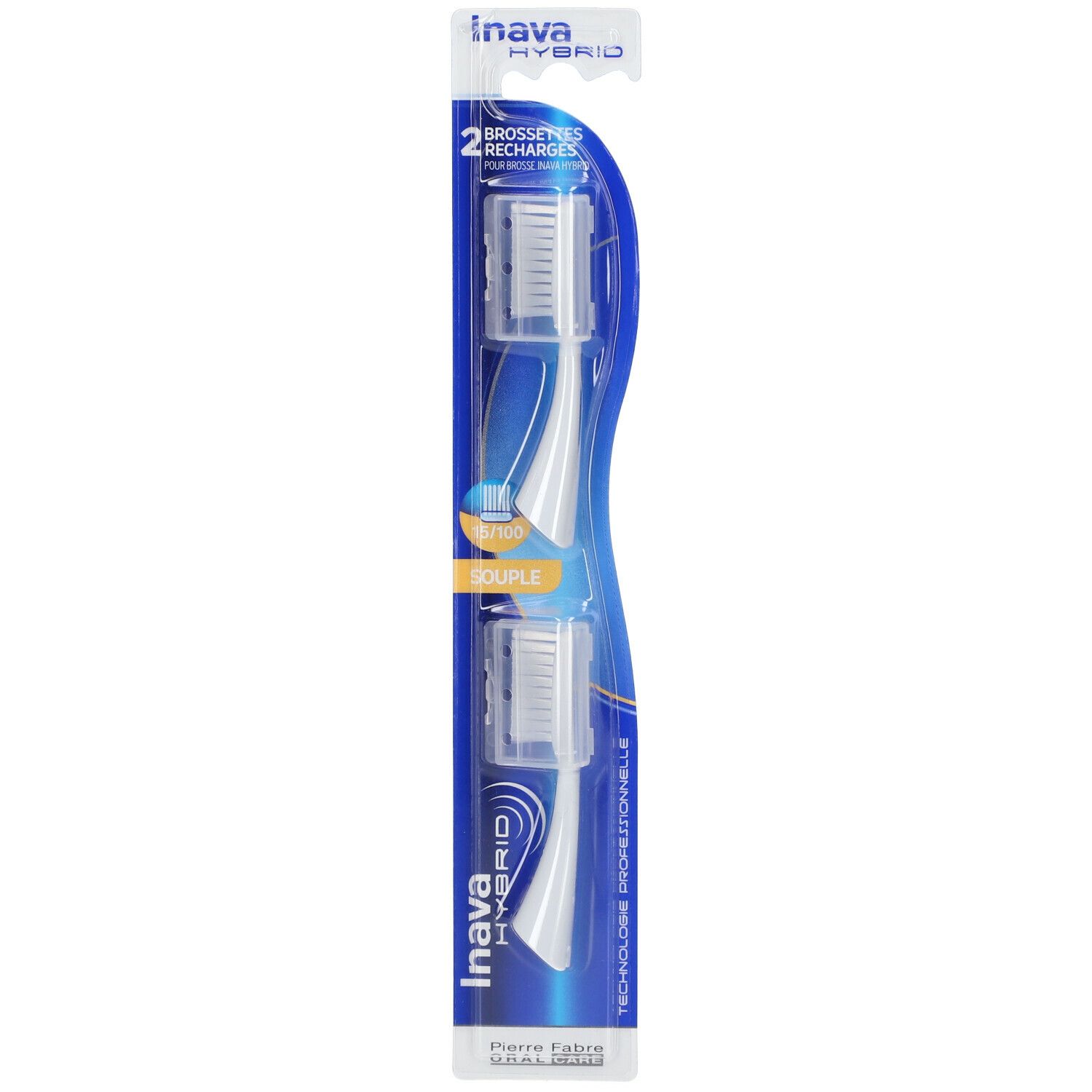 Deux recharges de brosses à dents blanches Hybrid, emballage blister. Inava Hybrid, 2 recharges, souple.