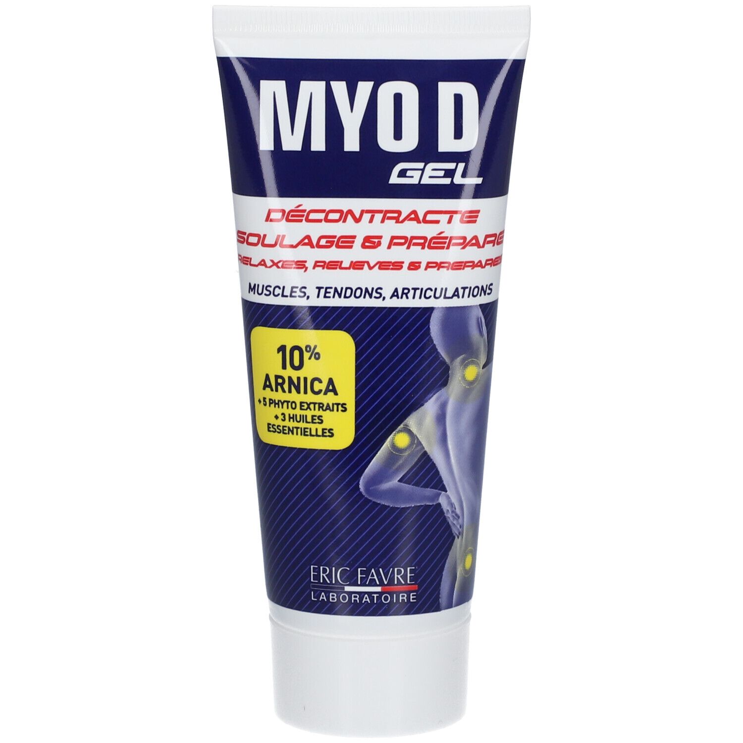 Tube de gel blanc et bleu. Inscription: MYO D GEL, 10% Arnica. Illustration d'un corps avec des points jaunes.