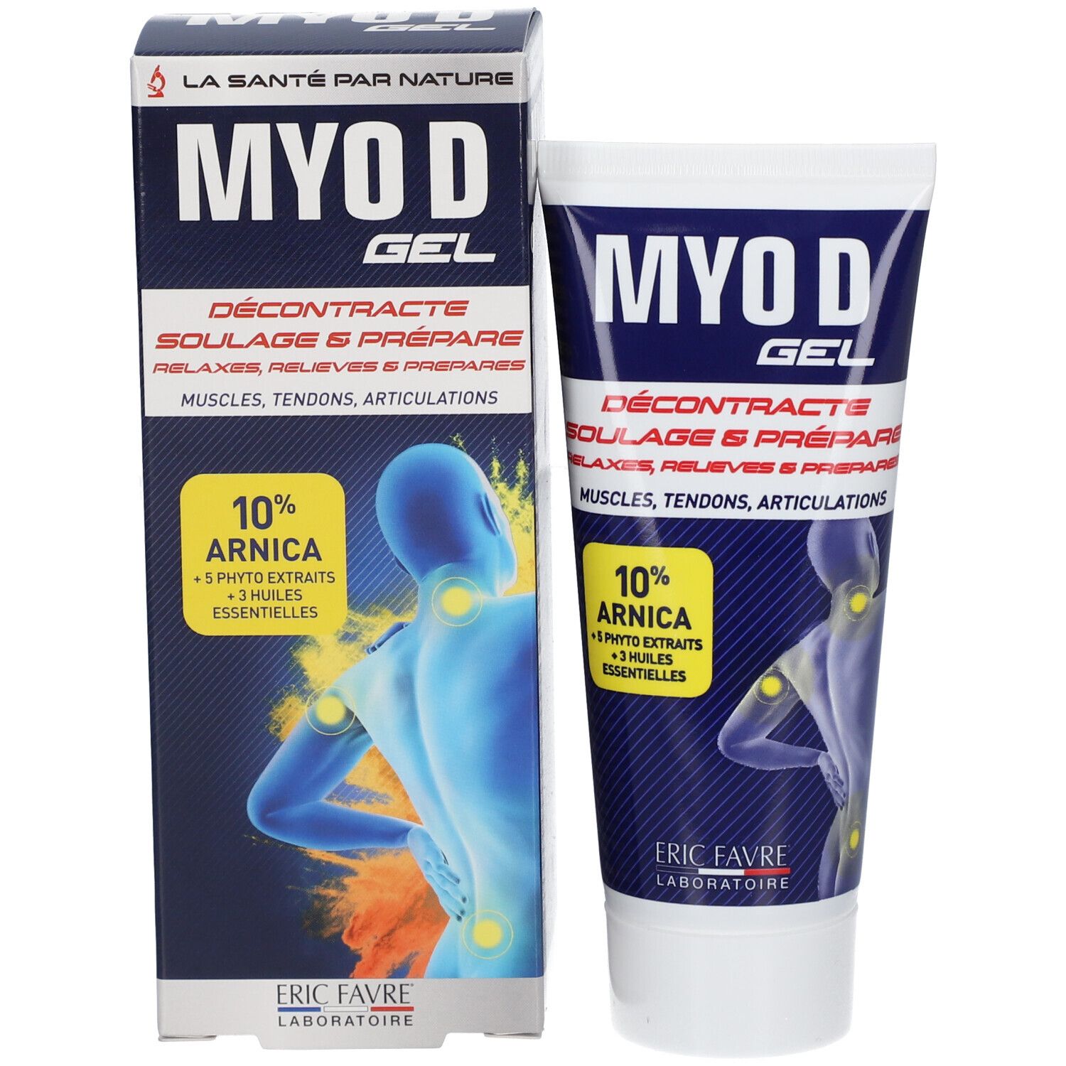 Emballage et tube. Inscription: MYO D GEL, 10% Arnica. Illustration d'un corps avec des points jaunes. Marque: ERIC FAVRE.