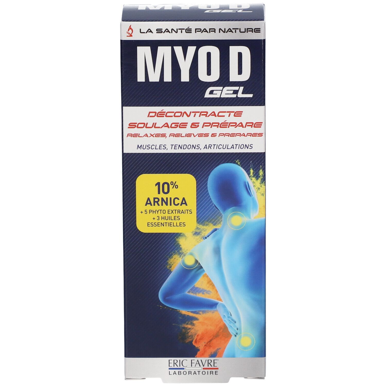 Emballage du produit. Inscription: MYO D GEL, 10% Arnica. Illustration d'un corps avec des points jaunes. Marque: ERIC FAVRE.