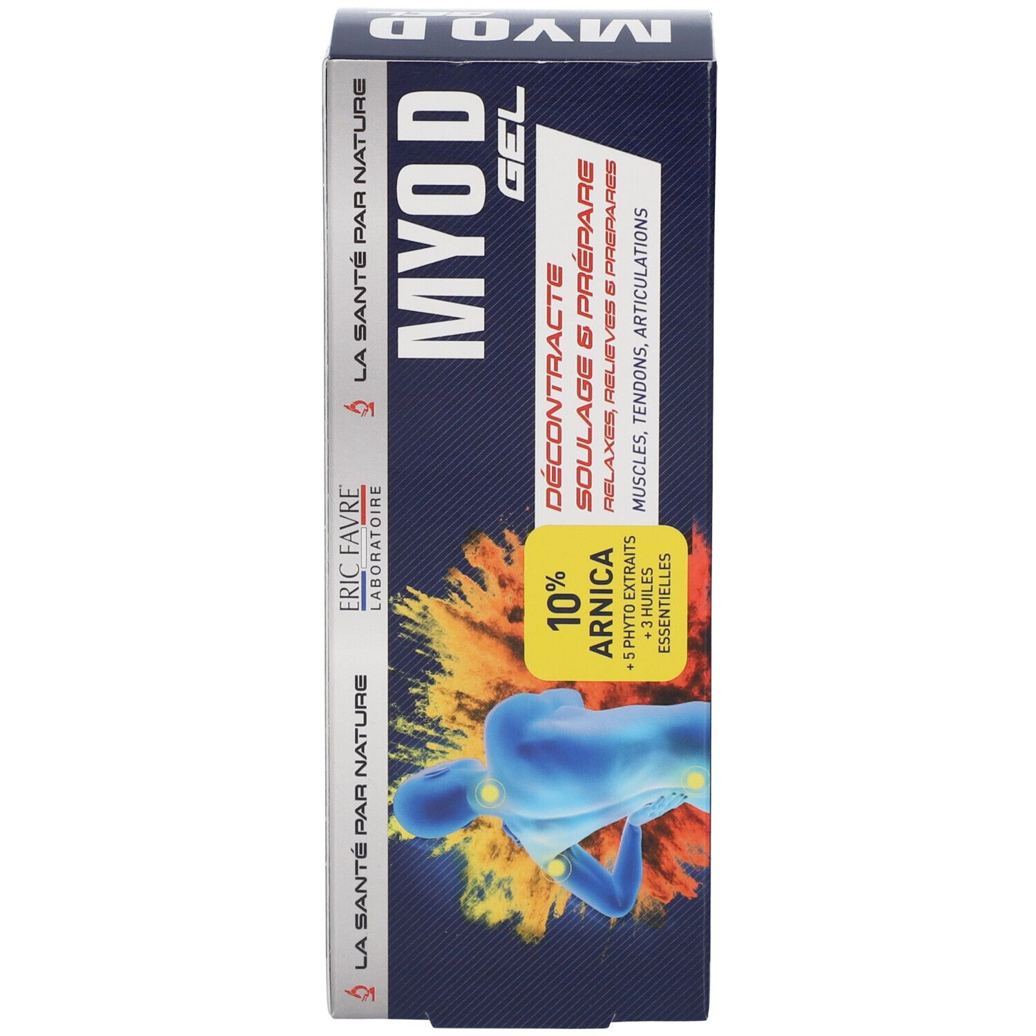 Emballage du produit. Inscription: MYO D GEL, 10% Arnica. Illustration d'un corps avec des points jaunes. Marque: ERIC FAVRE.