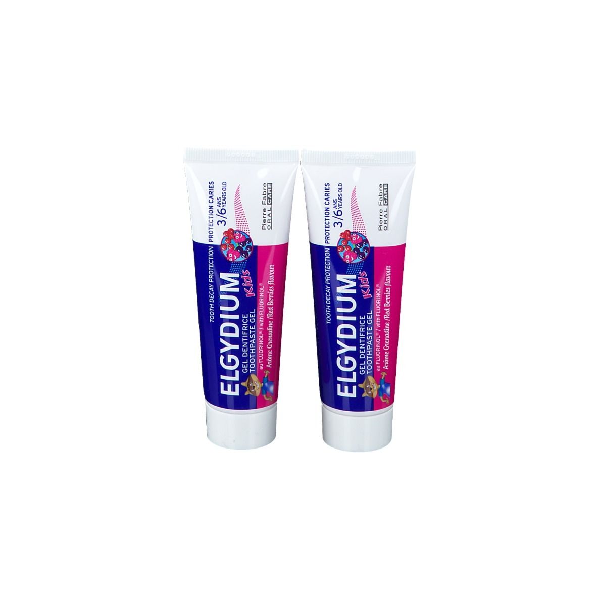 Deux tubes de dentifrice. Blancs, étiquette rose et bleu. Inscription: ELGYDIUM kids, Grenadine.