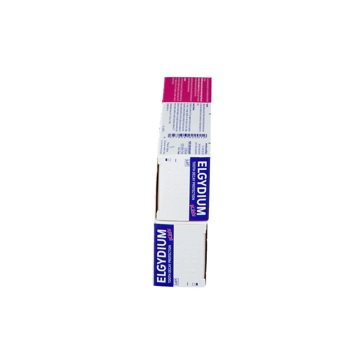 Trois paquets de dentifrice. Empilés. Bleu-rose. Inscription: ELGYDIUM kids.