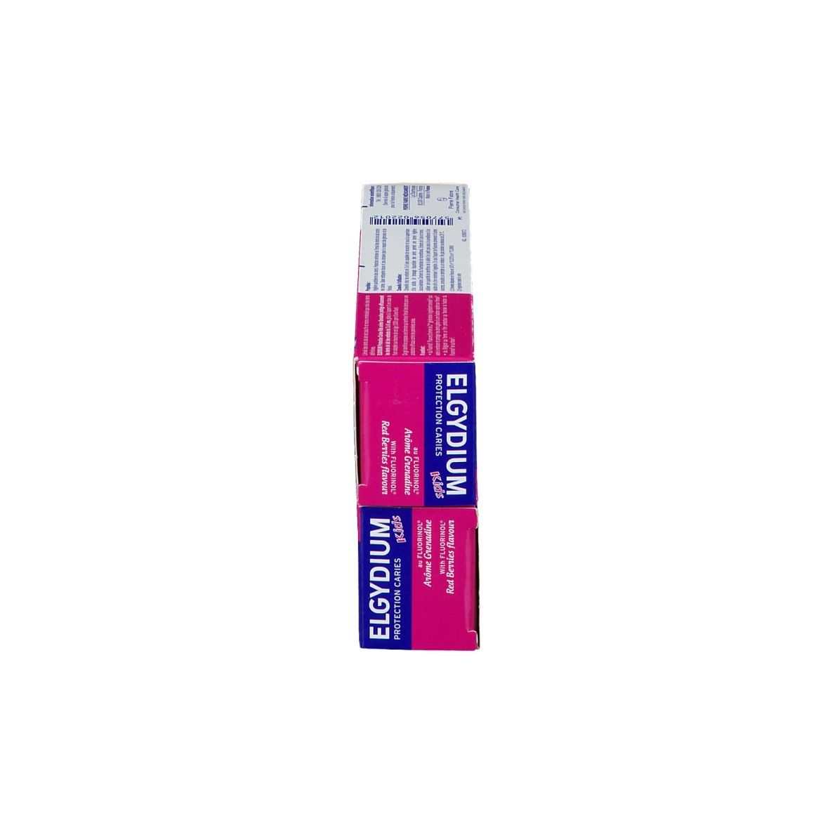 Trois paquets de dentifrice. Empilés. Bleu-rose. Inscription: ELGYDIUM kids.
