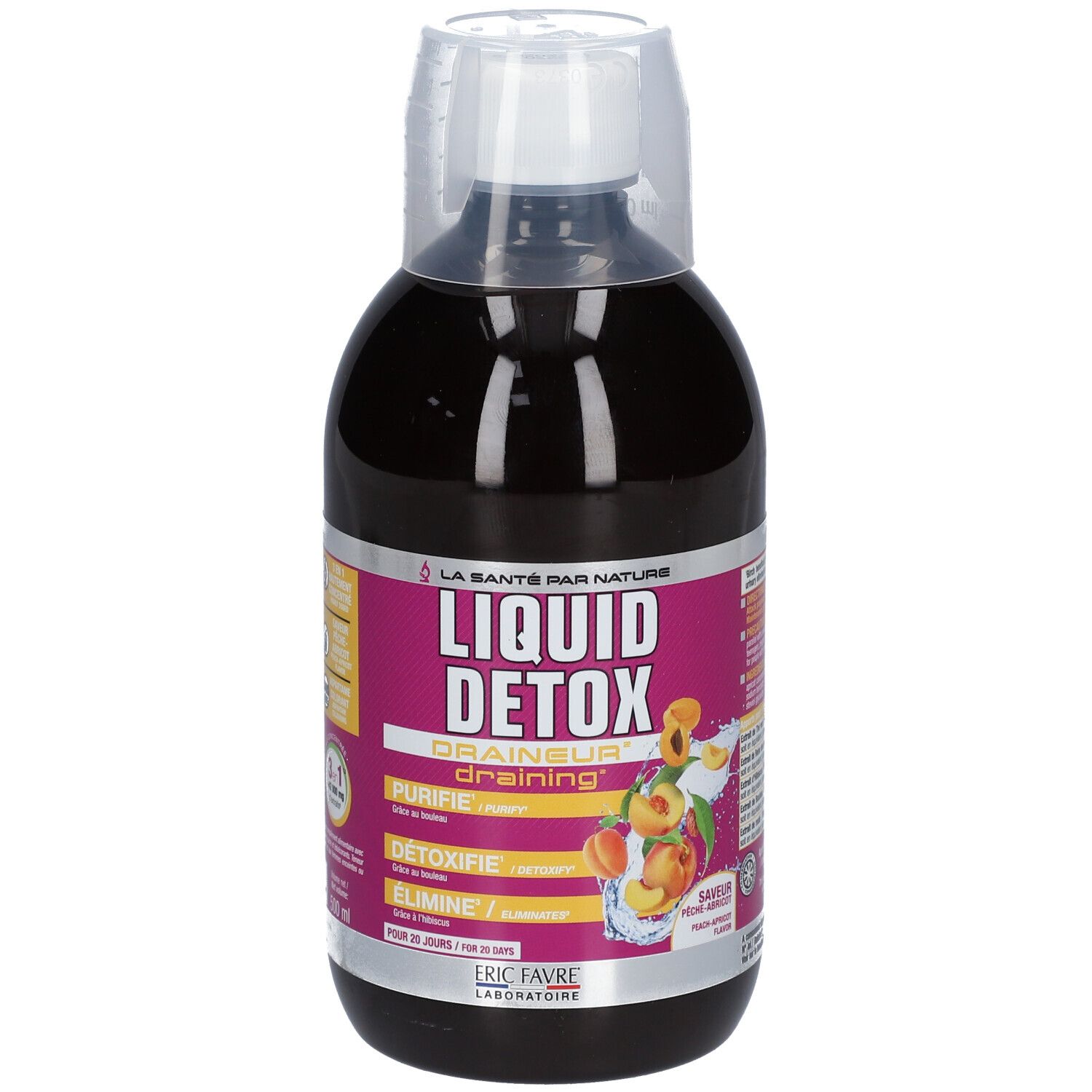 Complément alimentaire liquide en flacon avec bouchon doseur. Étiquette avec nom du produit et illustration de pêche.