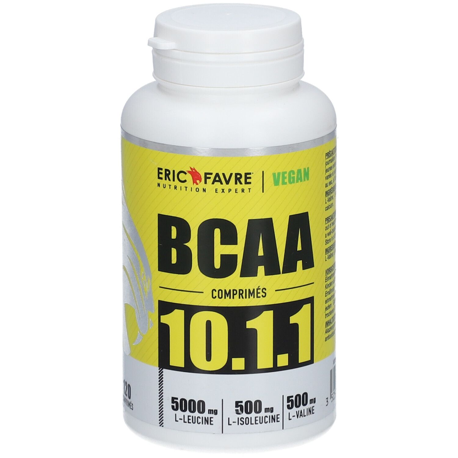 Flacon blanc avec étiquette jaune. Inscription BCAA 10.1.1, vegan. Contient L-Leucine, L-Isoleucine, L-Valine. 120 comprimés.