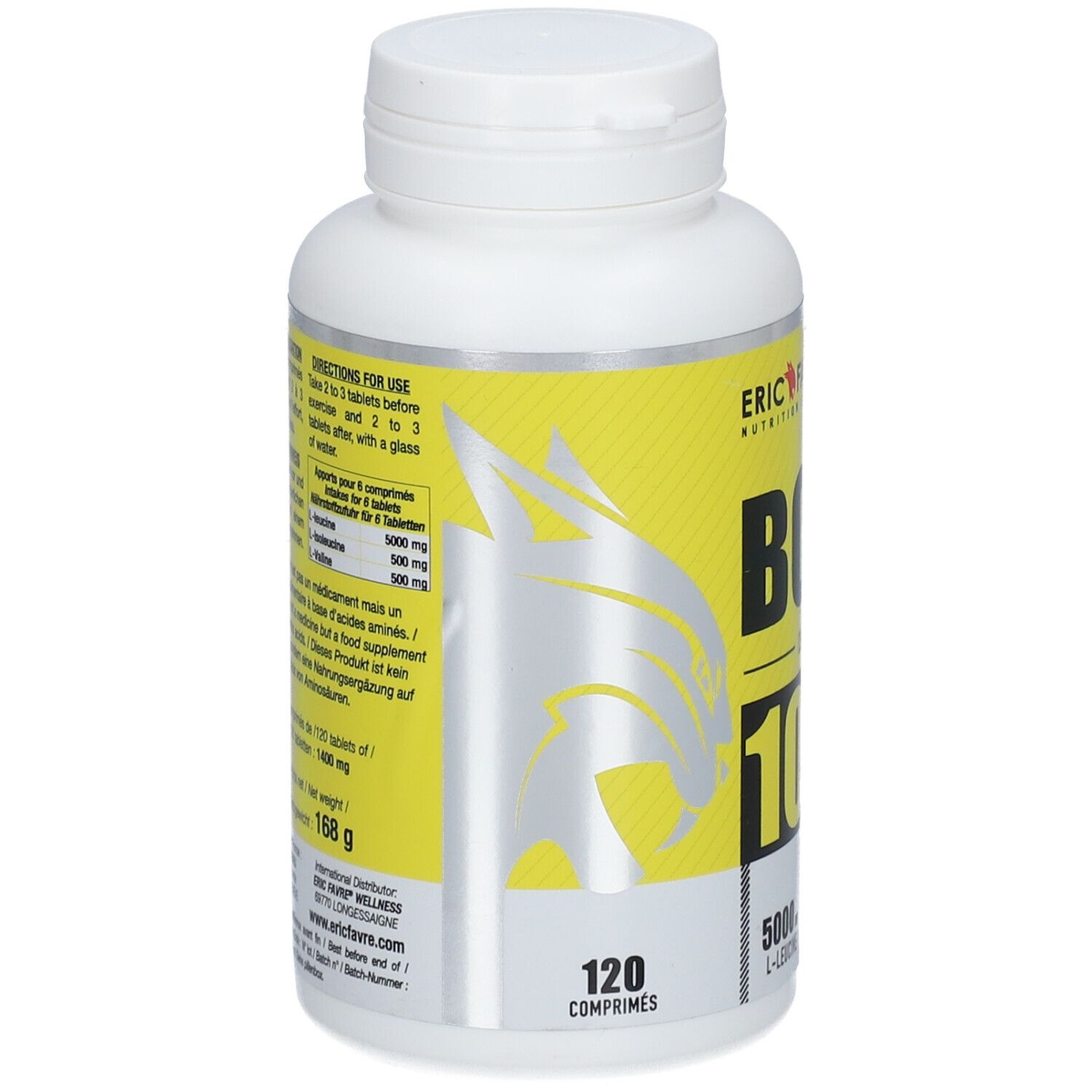 Flacon blanc avec étiquette jaune. Inscription BCAA 10.1.1. Contient 120 comprimés. Avec logo animal.
