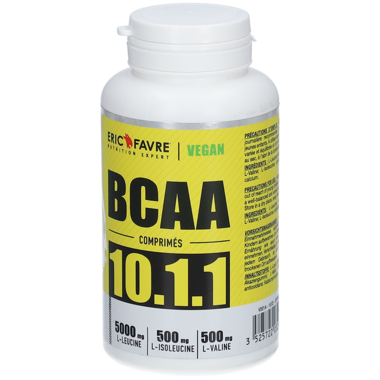 Flacon blanc avec étiquette jaune. Inscription BCAA 10.1.1, vegan. Contient L-Leucine, L-Isoleucine, L-Valine. 120 comprimés.