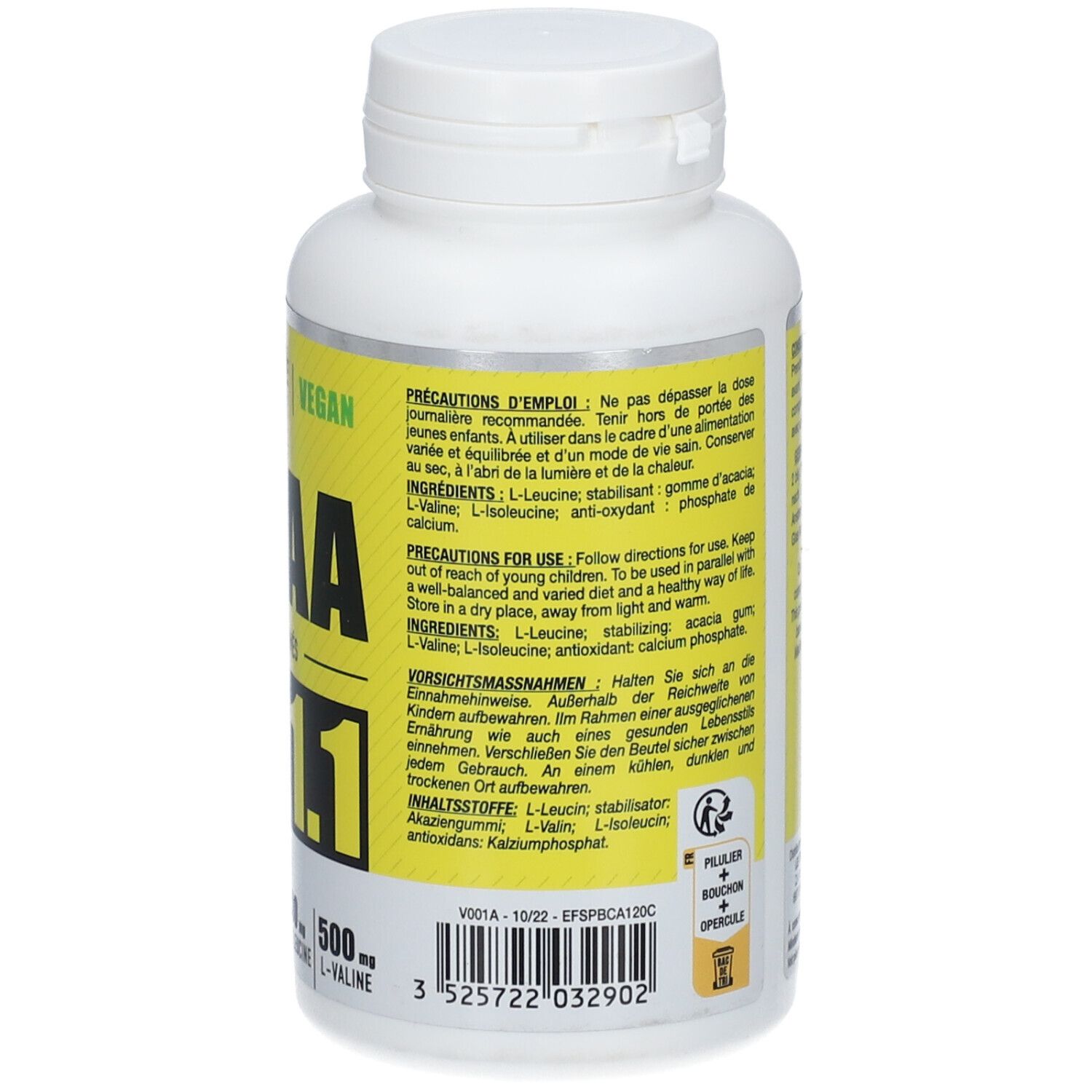 Flacon blanc avec étiquette jaune. Verso avec texte en allemand et français. Contient L-Leucine, L-Isoleucine, L-Valine.