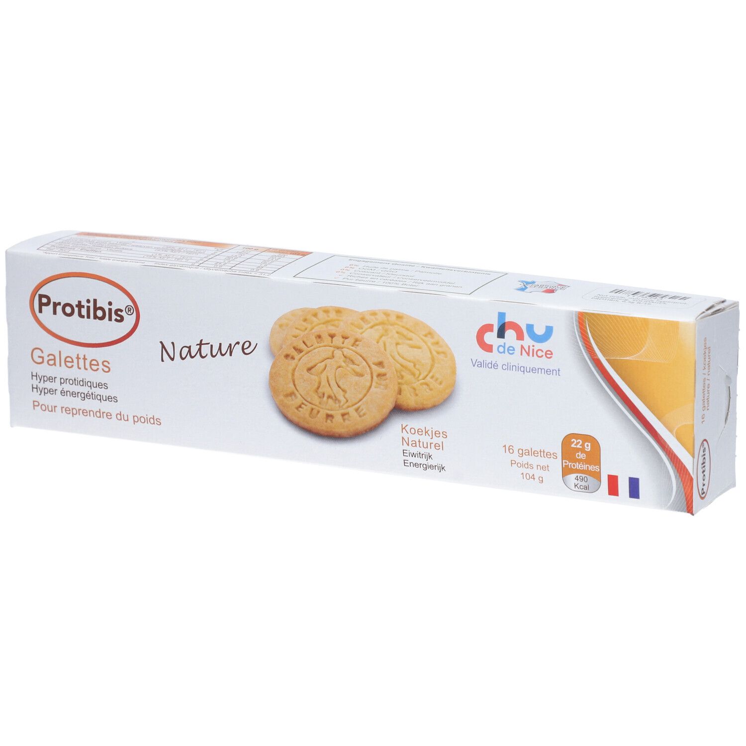 Boîte de Protibis Galettes Nature. Deux galettes visibles. Inscription : Hyper protidiques, Pour reprendre du poids.