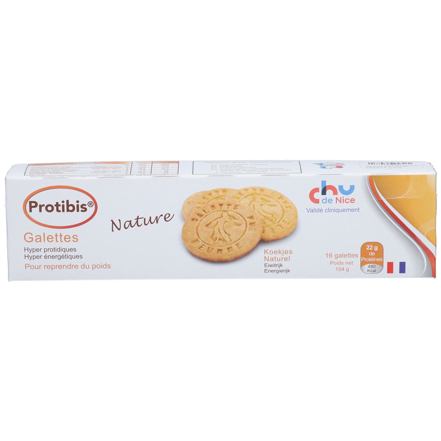 Boîte Protibis Galettes Nature. Deux galettes visibles. Inscription : Galettes, Hyper protidiques, Pour reprendre du poids. 16 galettes.