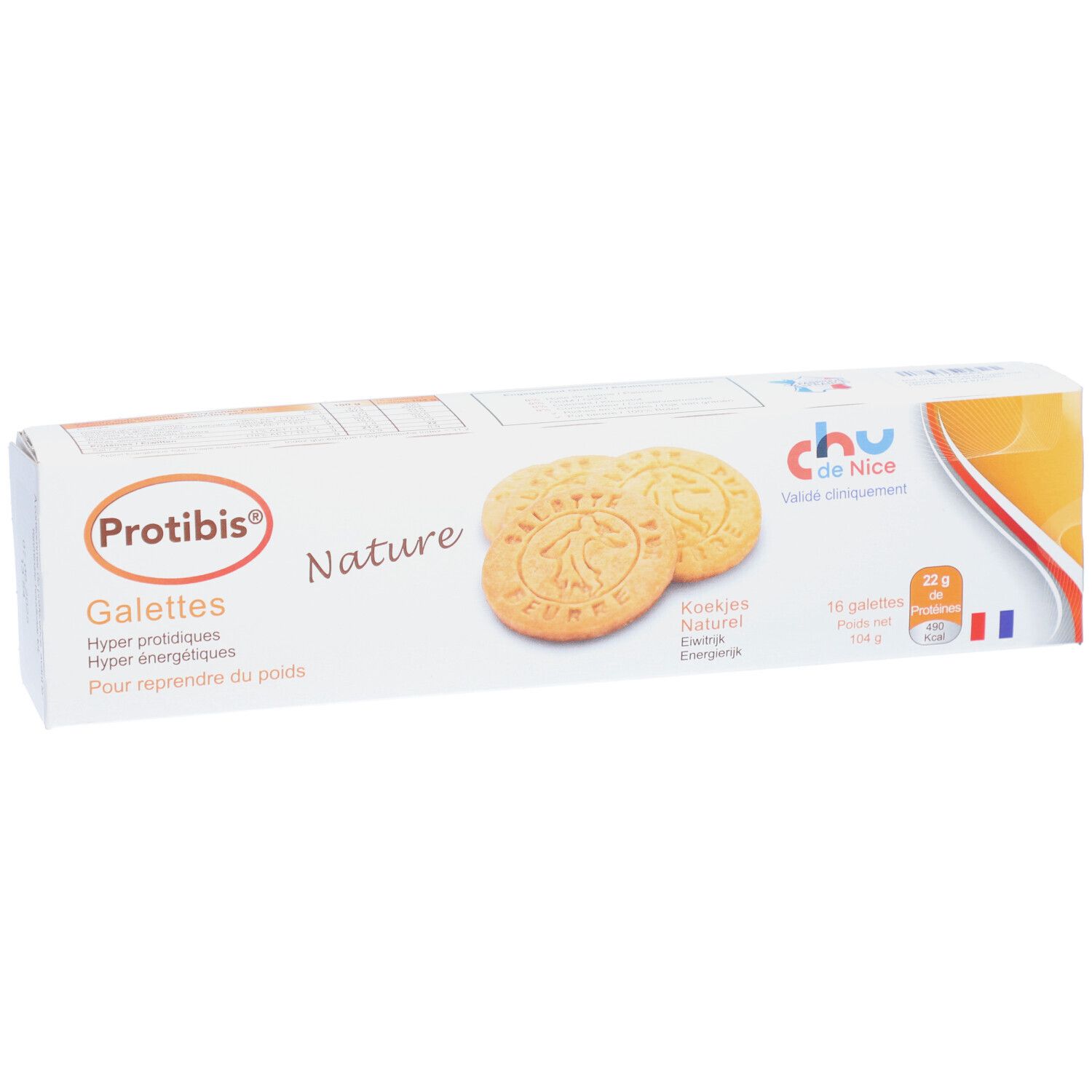 Boîte Protibis Galettes Nature. Deux galettes visibles. Inscription : Galettes, Hyper protidiques, Pour reprendre du poids. 16 galettes.