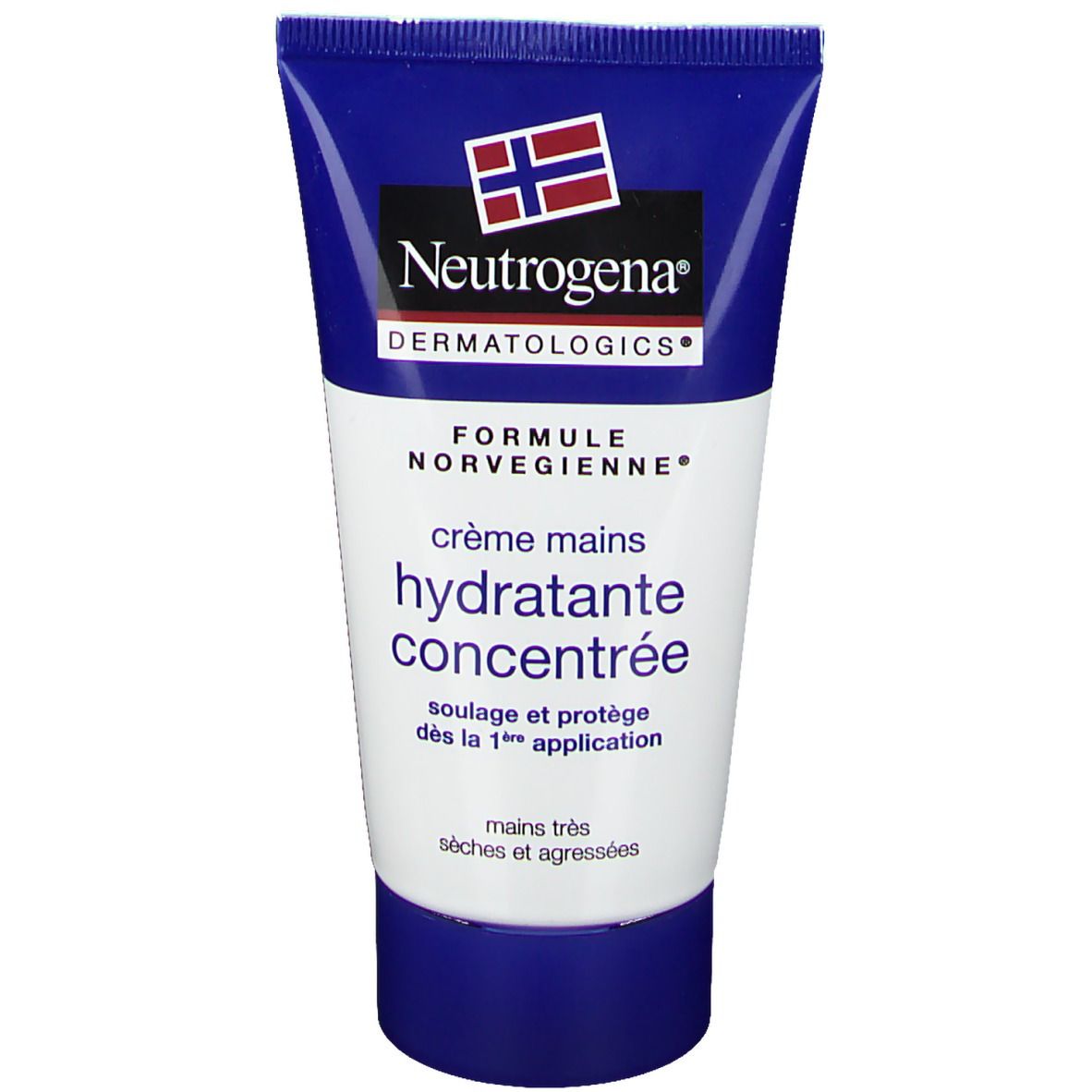 Tube de crème pour les mains, bleu et blanc. Logo Neutrogena et nom du produit. Texte : Crème Mains Hydratante Concentrée. Pour mains très sèches.