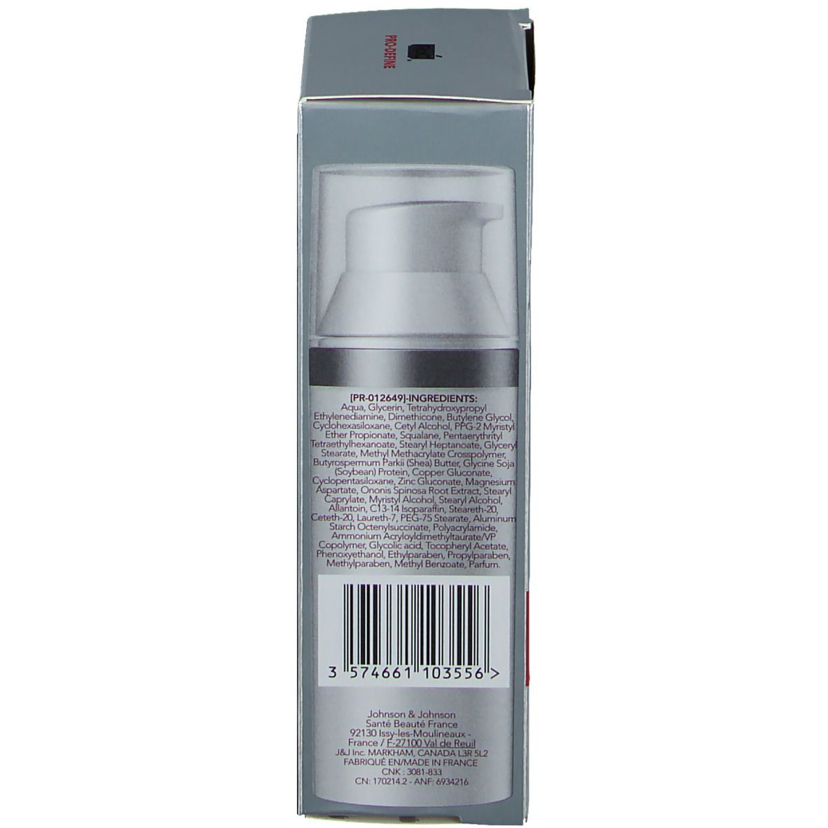 Dos de l'emballage gris. Ingrédients, code-barres et informations fabricant. Texte multilingue.