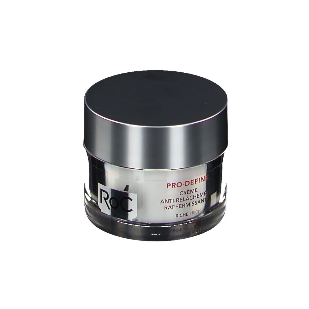 Pot de crème avec couvercle argenté. L'étiquette indique "PRO-DEFINE" et "ANTI-RELÂCHEMENT RAFFERMISSANTE".