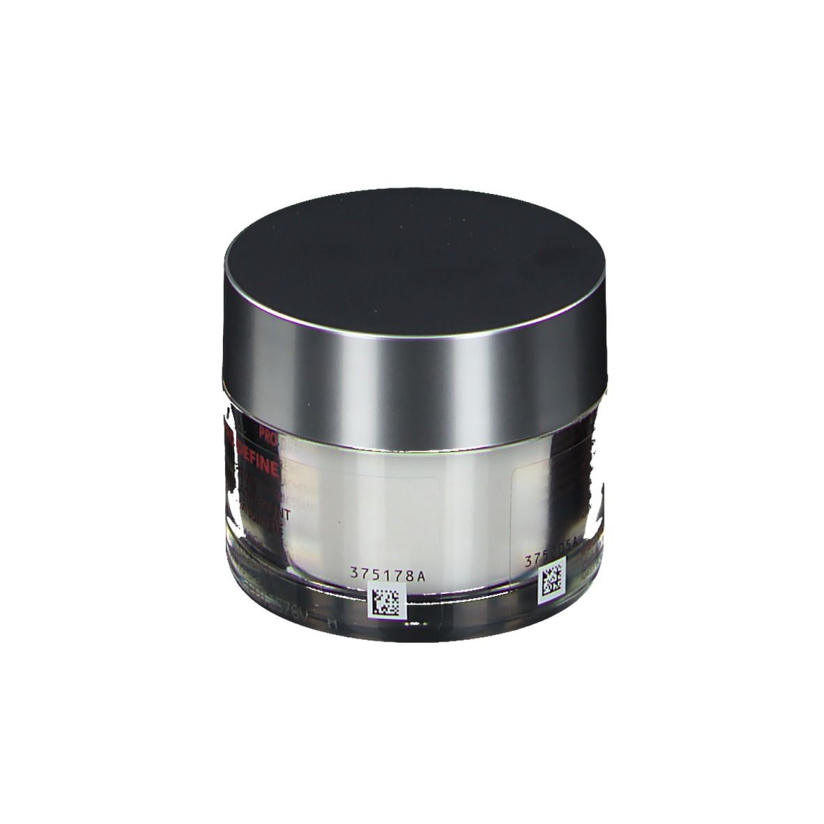 Pot de crème avec couvercle argenté. Des codes-barres et du texte sont visibles sur l'étiquette.