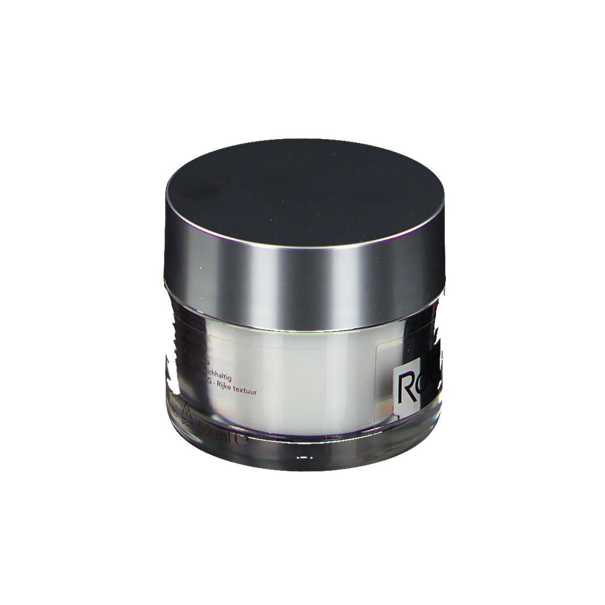 Pot de crème avec couvercle argenté. Le logo "RoC" est visible sur l'étiquette.