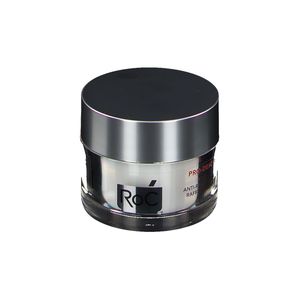 Pot de crème avec couvercle argenté. L'étiquette indique "PRO-DEFINE" et "ANTI-RELÂCHEMENT RAFFERMISSANTE".