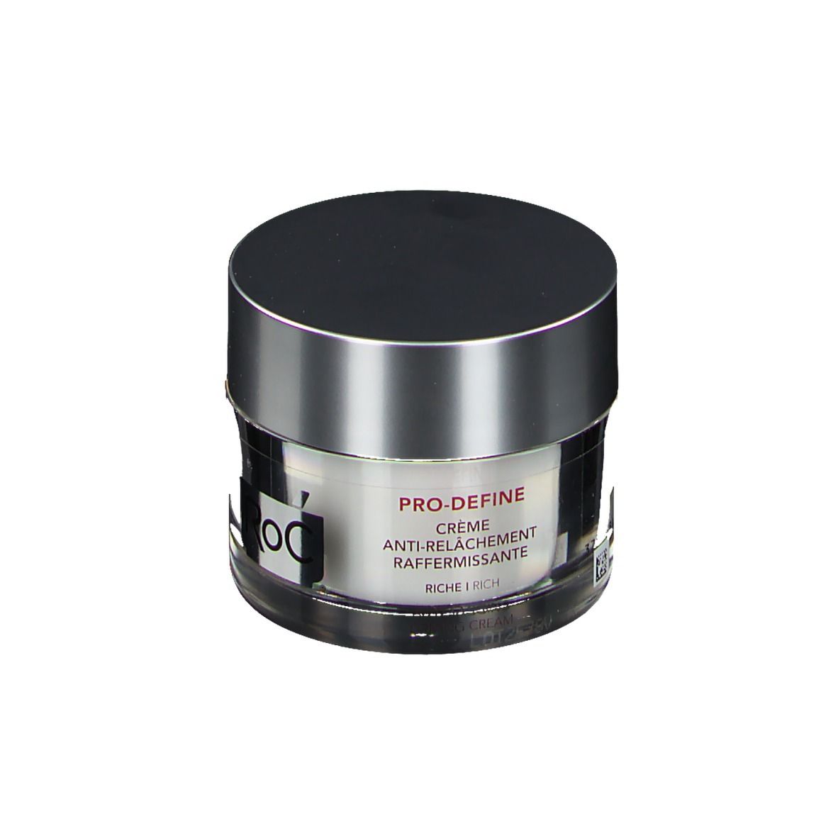 Pot de crème avec couvercle argenté. L'étiquette indique "PRO-DEFINE" et "ANTI-RELÂCHEMENT RAFFERMISSANTE".