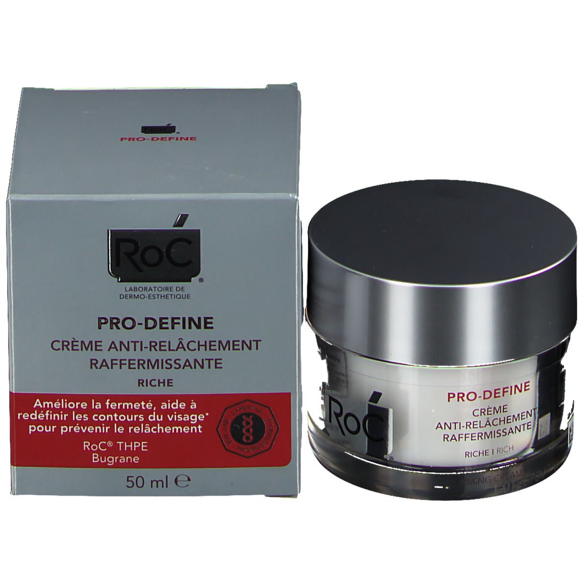 Pot de crème et boîte. La boîte indique "PRO-DEFINE" et "ANTI-RELÂCHEMENT RAFFERMISSANTE".