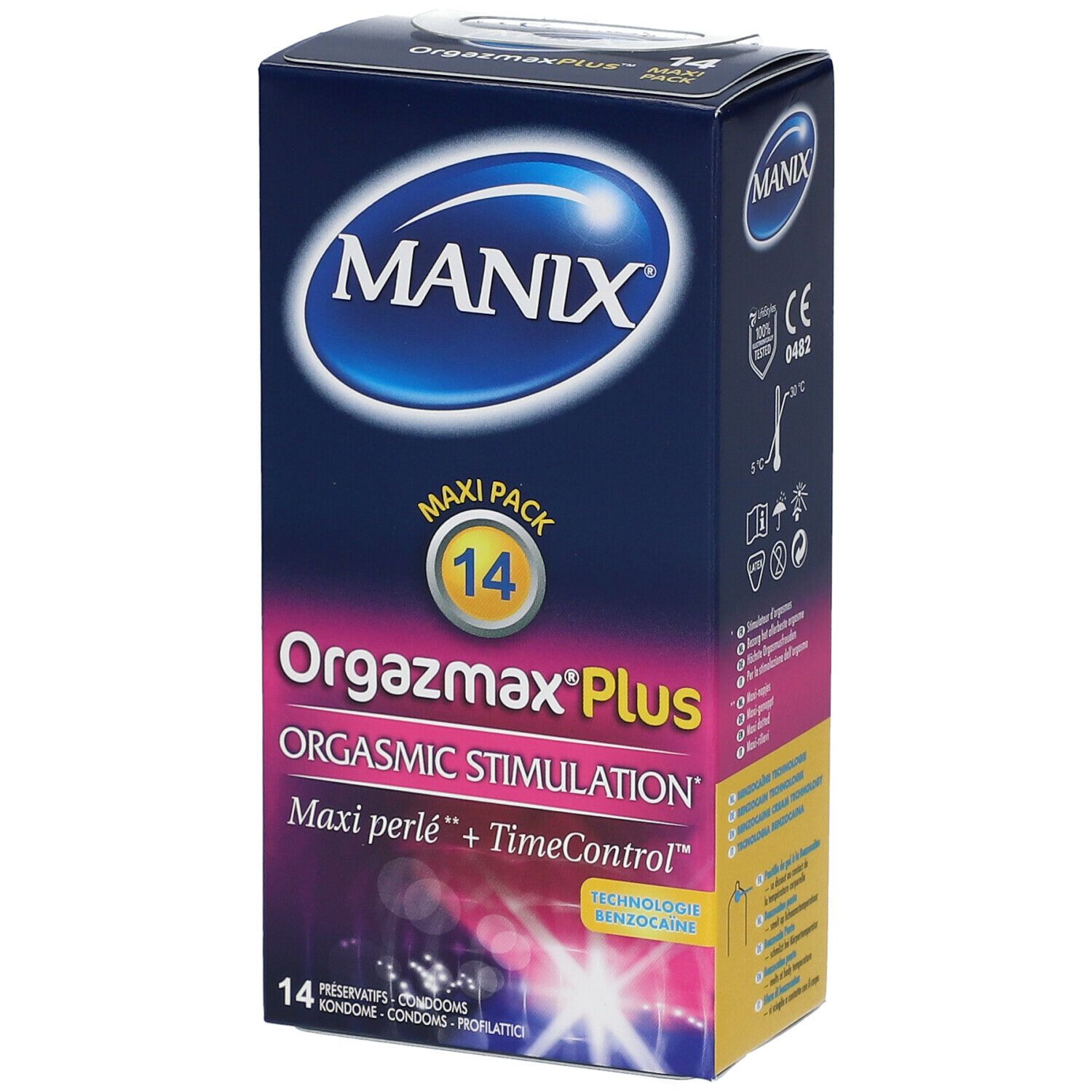 Boîte de MANIX® OrgazmaxPlus™ contenant 14 préservatifs. Le nom du produit et ses caractéristiques sont indiqués.