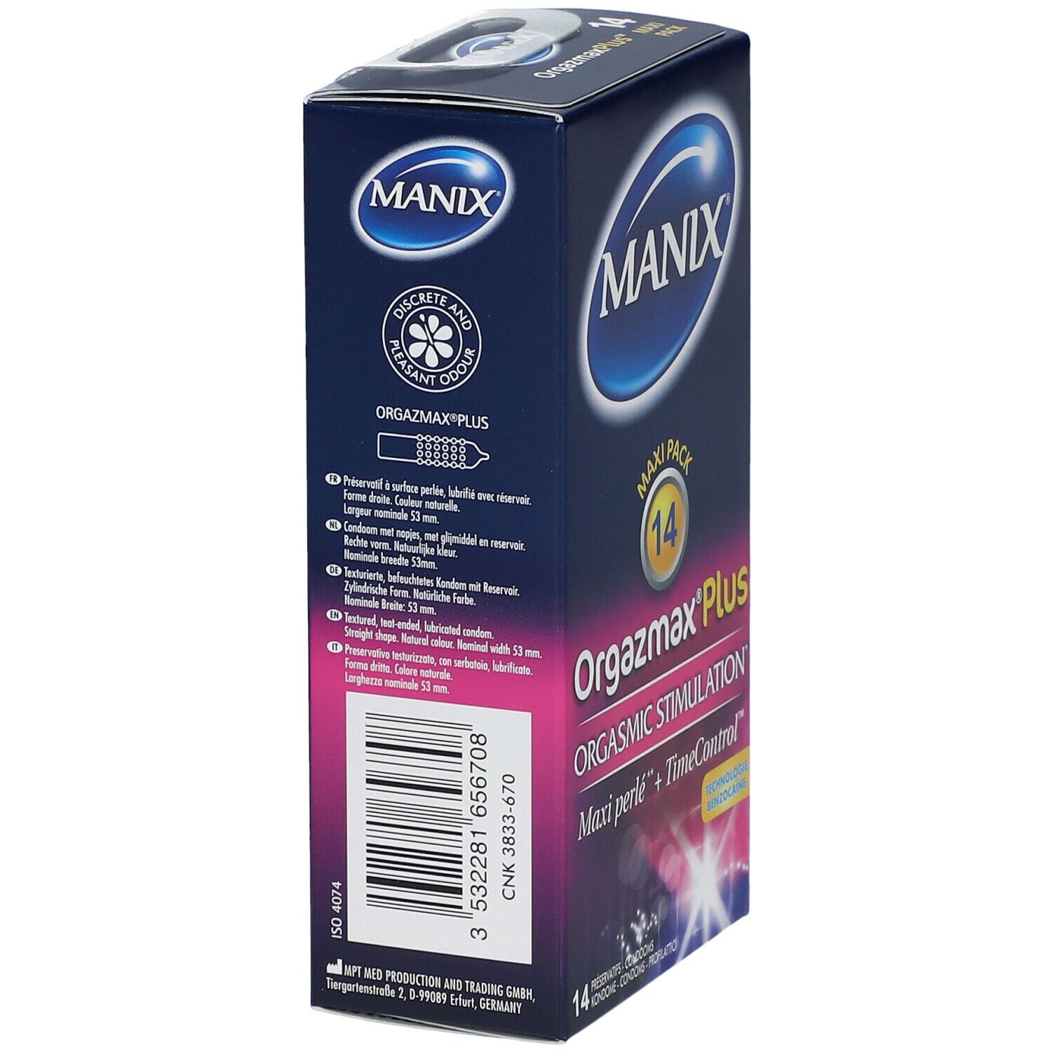 Vue latérale de la boîte MANIX® OrgazmaxPlus™. Nom et caractéristiques du produit sont indiqués sur l'emballage.