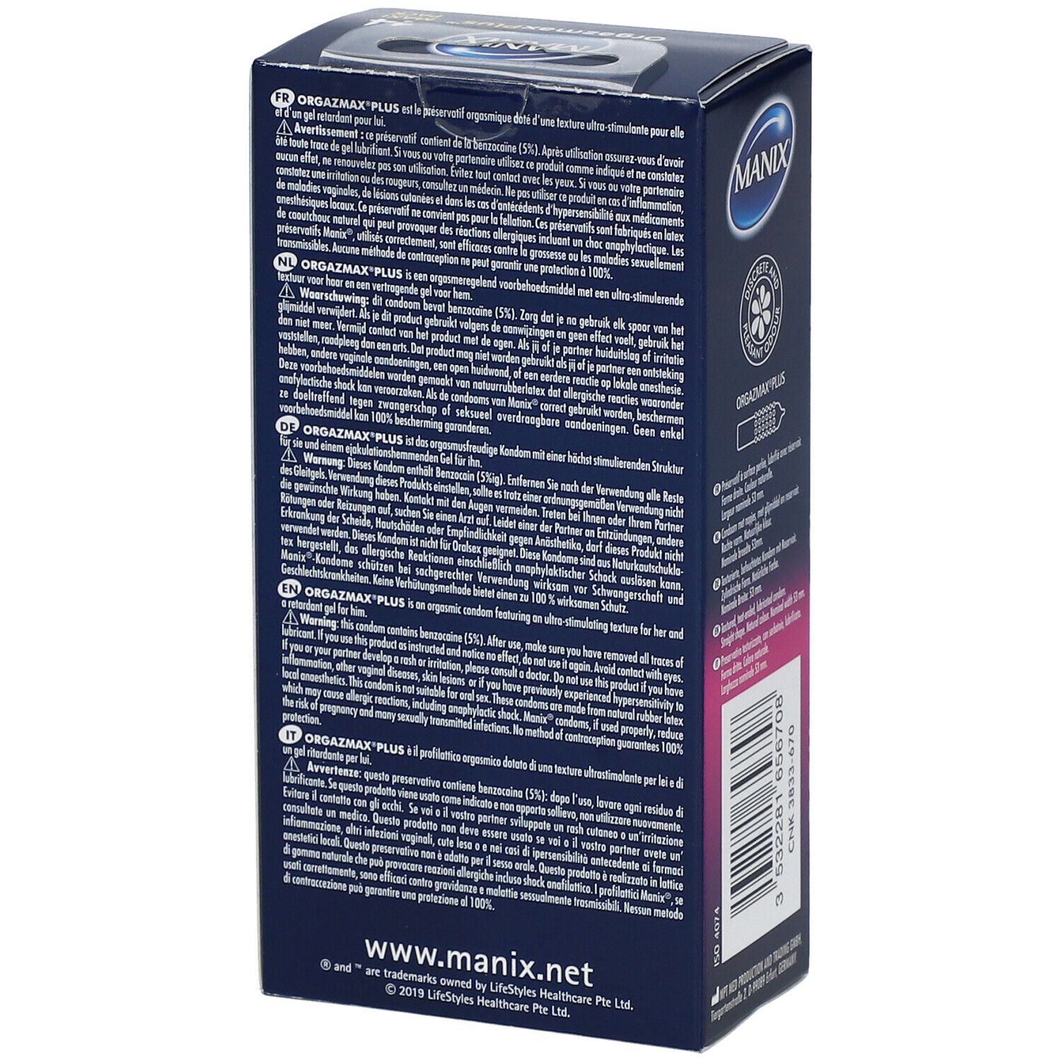Dos de la boîte MANIX® OrgazmaxPlus™. Texte multilingue. Informations sur le produit.