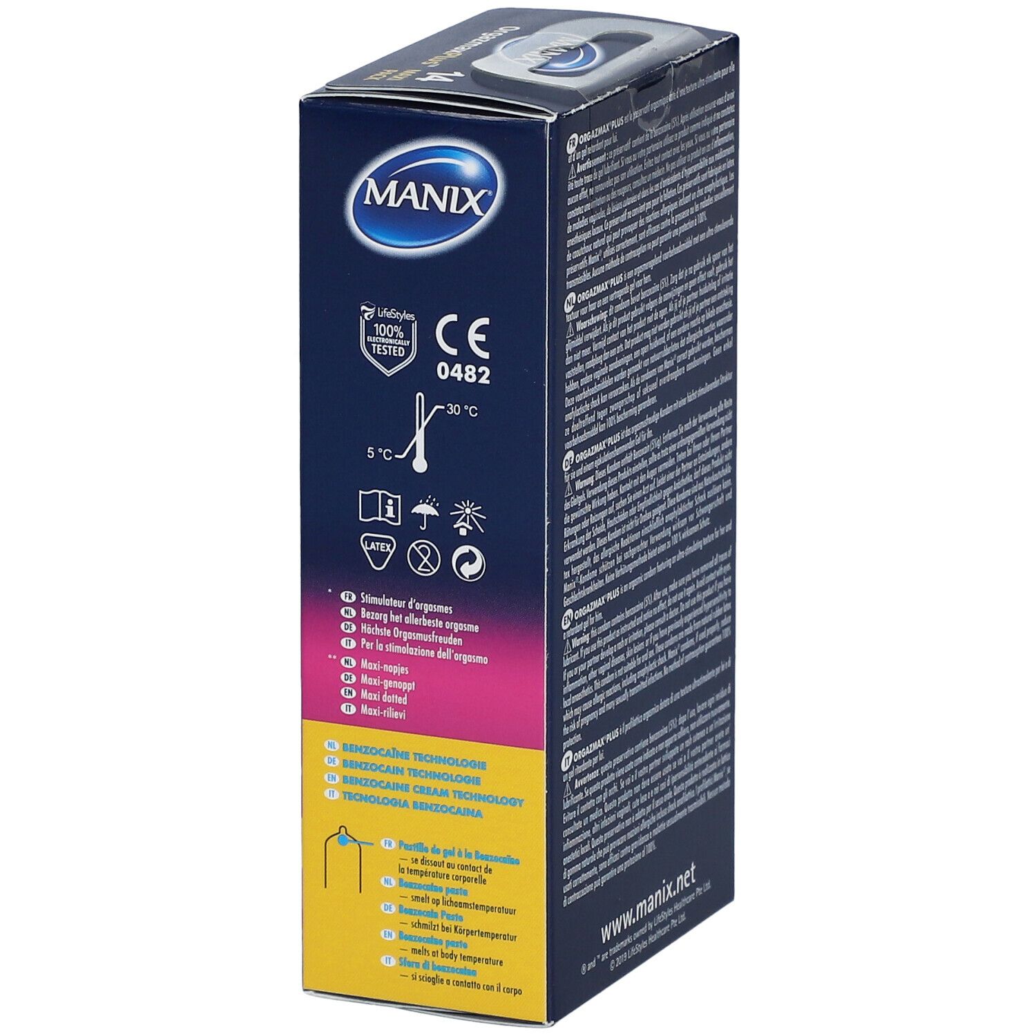 Vue latérale de la boîte MANIX® OrgazmaxPlus™. Logos et informations de certification et fabricant.