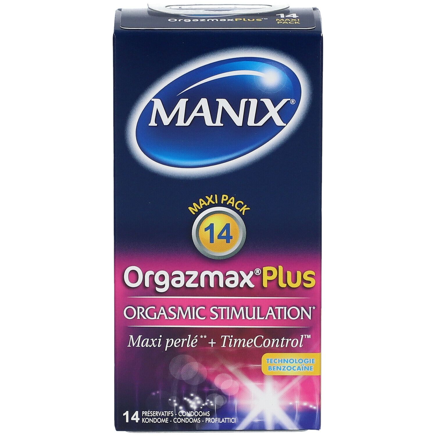Boîte de MANIX® OrgazmaxPlus™ contenant 14 préservatifs. Le nom du produit et ses caractéristiques sont indiqués.