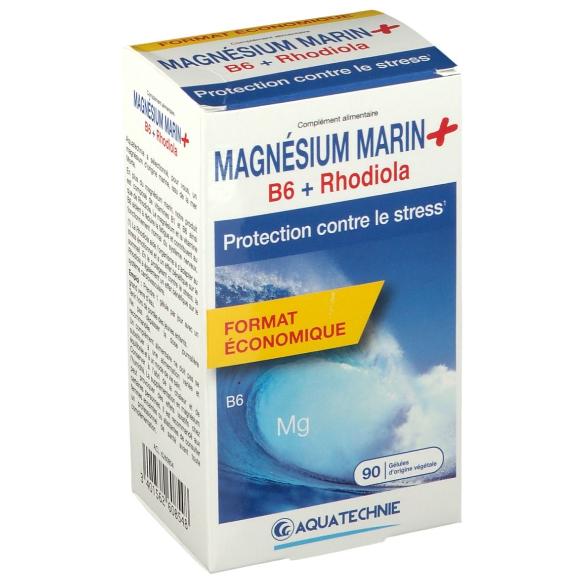 Boîte AQUATECHNIE Magnésium Marin B6 + Rhodiola. Protection contre le stress. 90 gélules. Motif vague et logo.